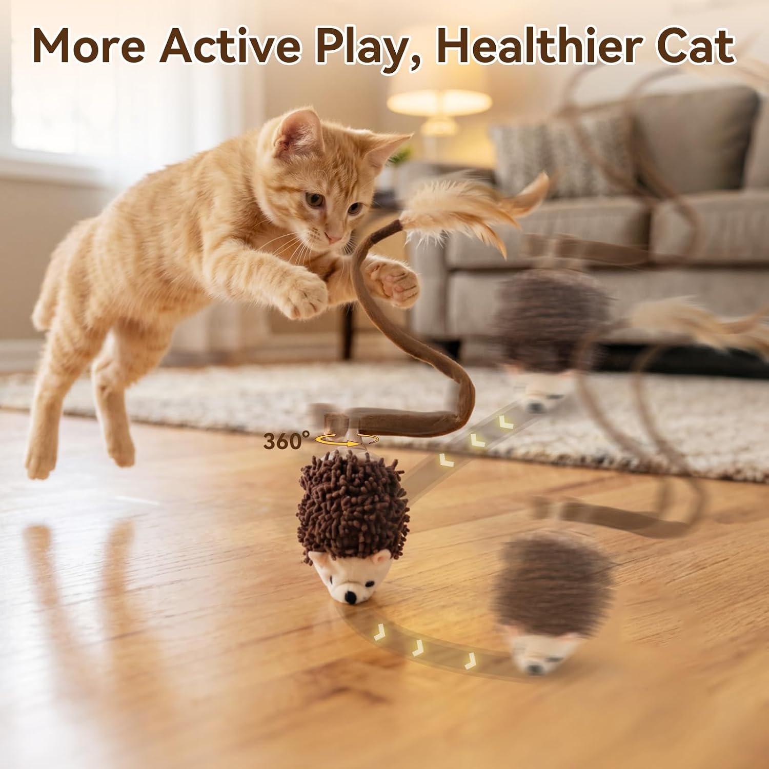 Migipaws Interactive Hedgehog Cat Toy 360° Rolling & Spin with Soft Plush Tail for Indoor Cats Smart Motion Sensor, Realistic Squeak, Rechargeable Plush Kitten Toy (Brown) - Image 2