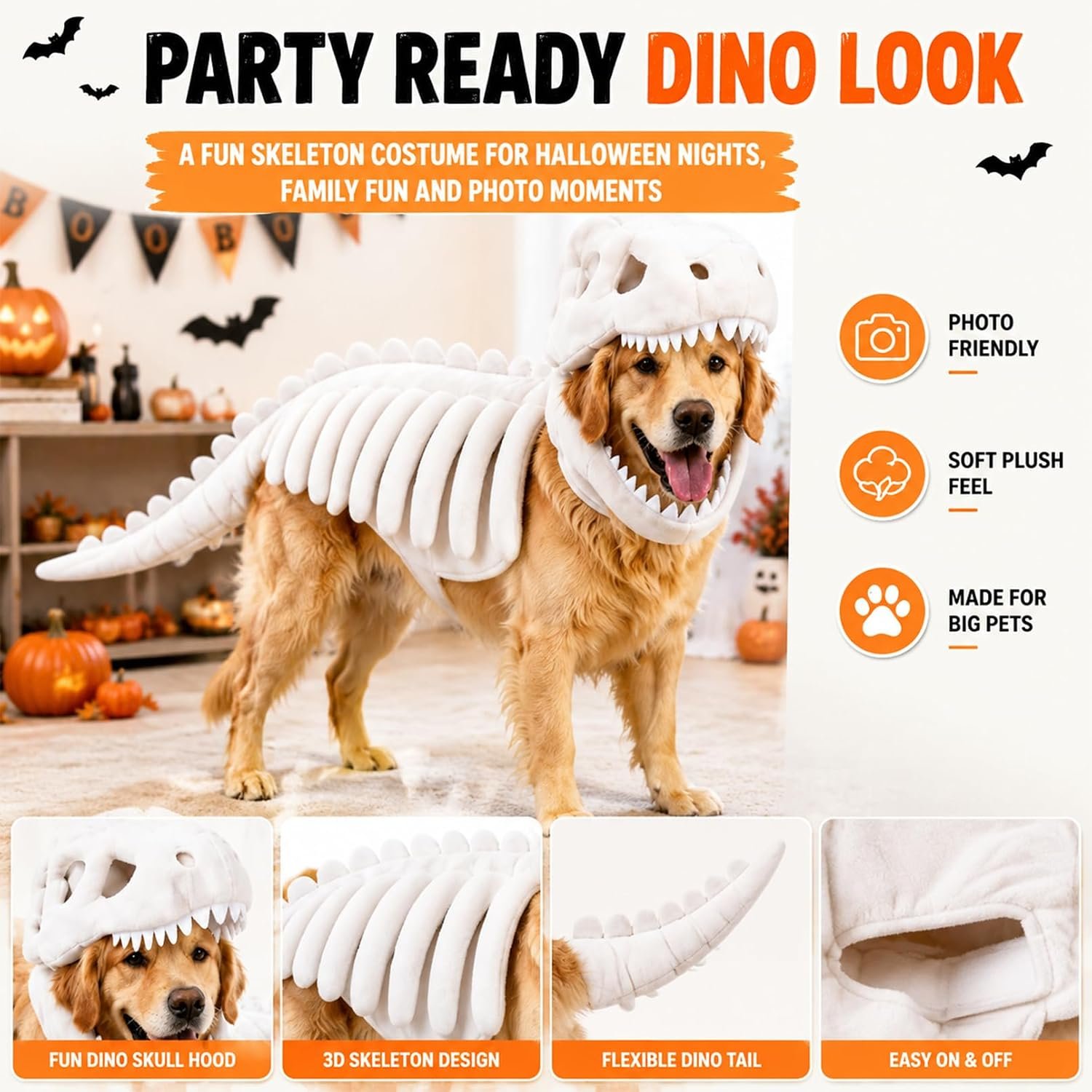 Dog Dinosaur Costume, Glow in the Dark Dinosaur Halloween Costume for Dogs (47.2inch(Big Dog)) - Image 2