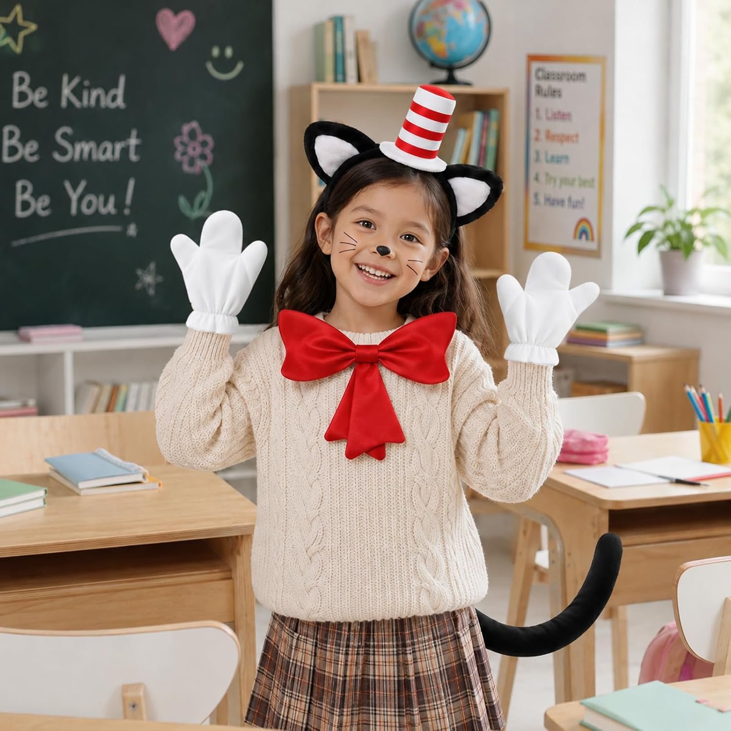 4 Pcs Cat Costumes Accessory White and Red Stripe Cat Costume for Read Book Day Costume Including Headband Gloves Bow Tie Tail Gloves for 100th Day of School Cosplay Halloween Party - Image 4
