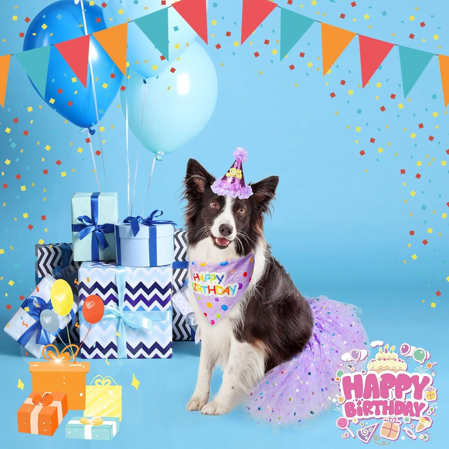 SCENEREAL Dog Birthday Bandana with Hat and Dress Girl Set, Large Dog Birthday Party Supplies, Cute Tutu Skirt Outfit for Medium Big Dogs - Image 7