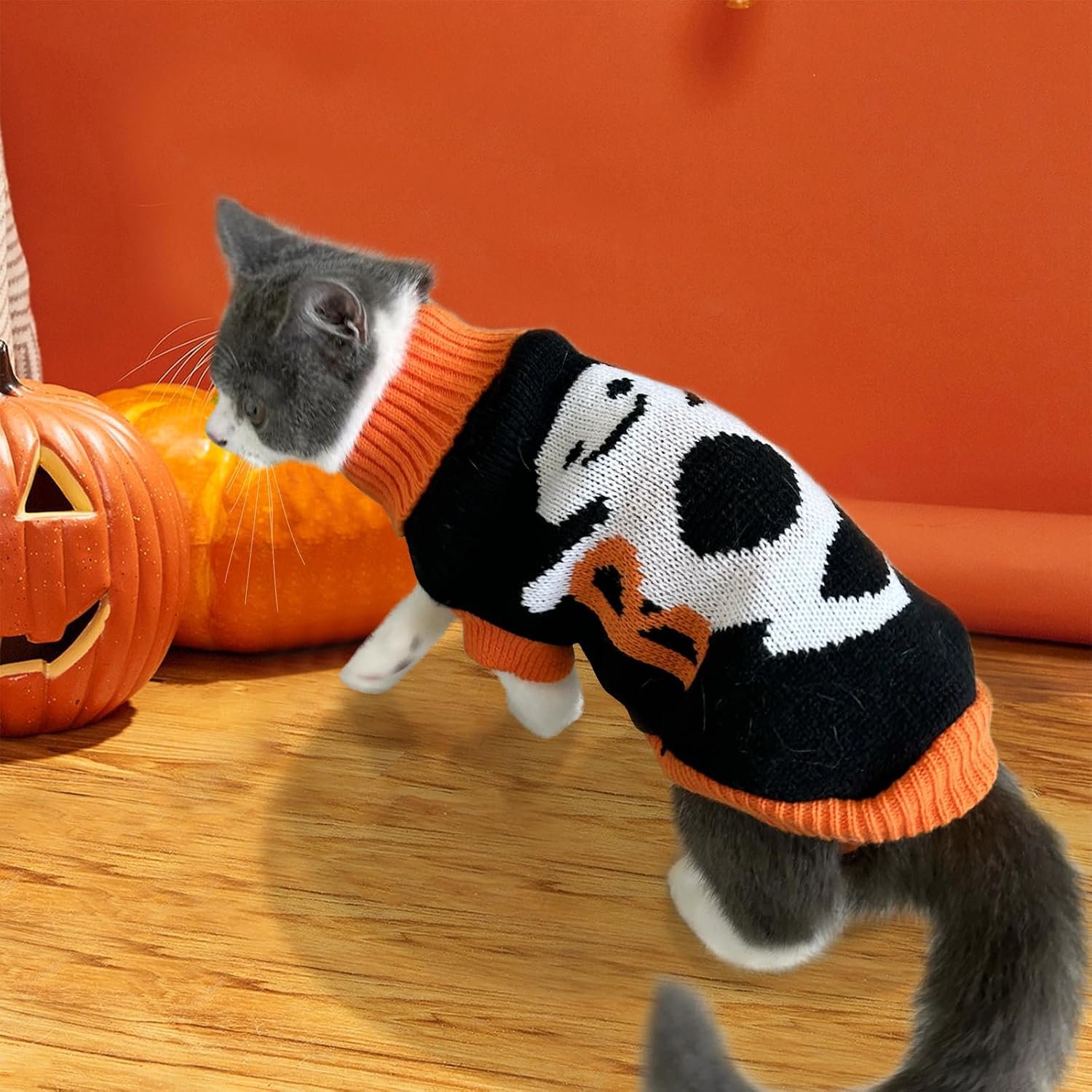 2Pcs Halloween Dog Sweaters Kitten Cat Knitwear Puppy Cat Halloween Pumpkin Ghost Sweater Pet Halloween Sweater Clothes Outfit Costume for Kittens Cats Puppies Small Medium Dogs XS - Image 5
