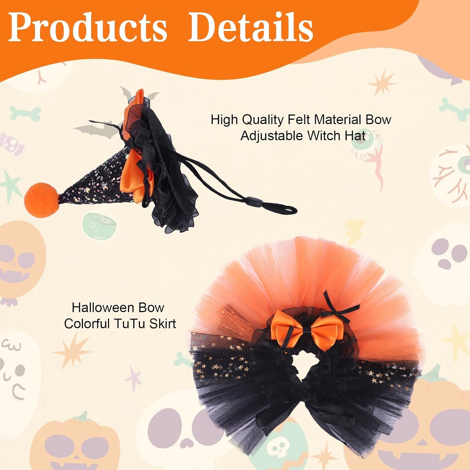 2pcs Bearded Dragon Witch Costume Set Small Pet Adjustable Hat Bow Tutu Skirt Outfits for Lizards Guinea Pigs Bunny Ferrets for Celebrations Halloween Parties (Orange) - Image 3