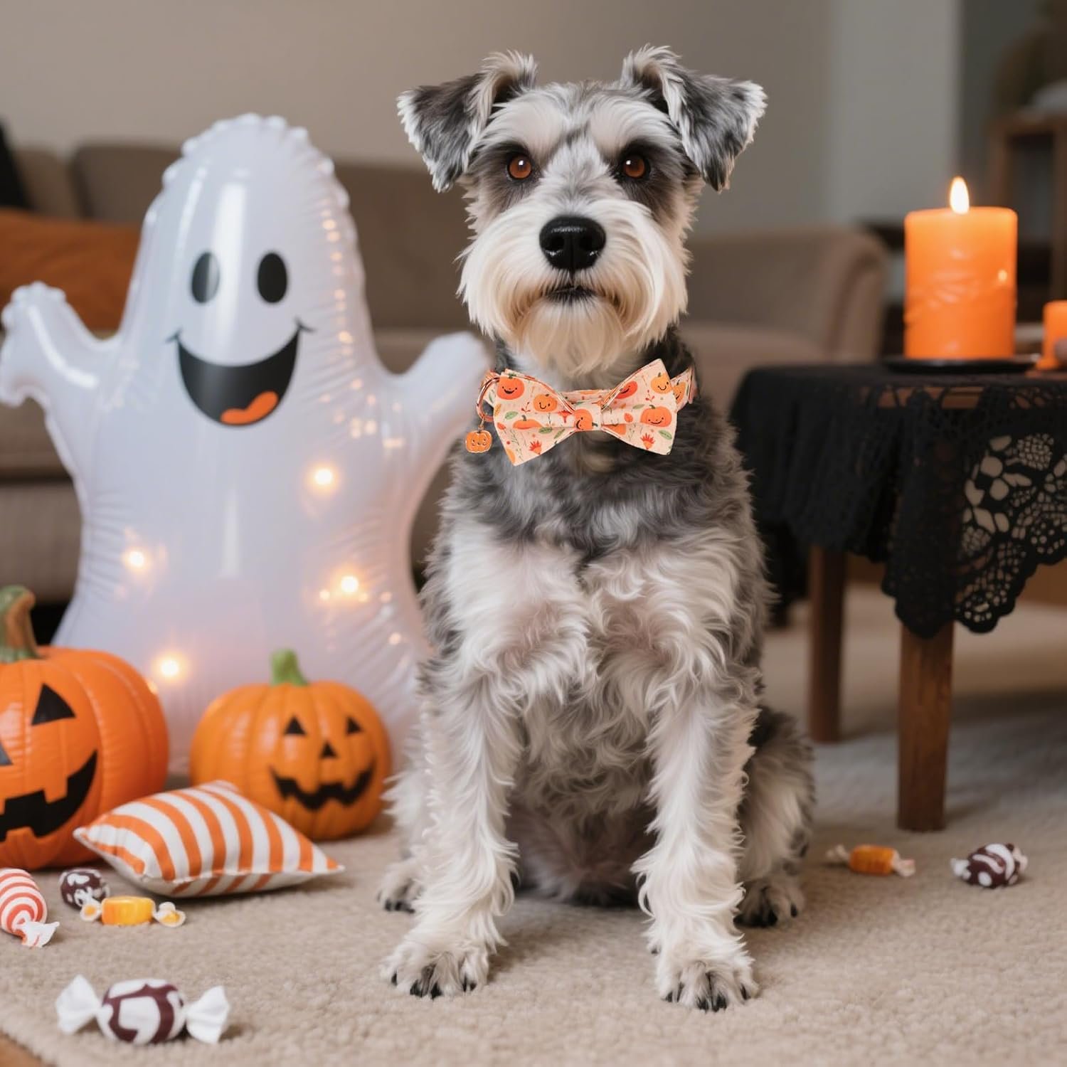PTDECOR Halloween Dog Collar with Bow, Yellow Pumpkin Pet Collar, Medium - Image 3