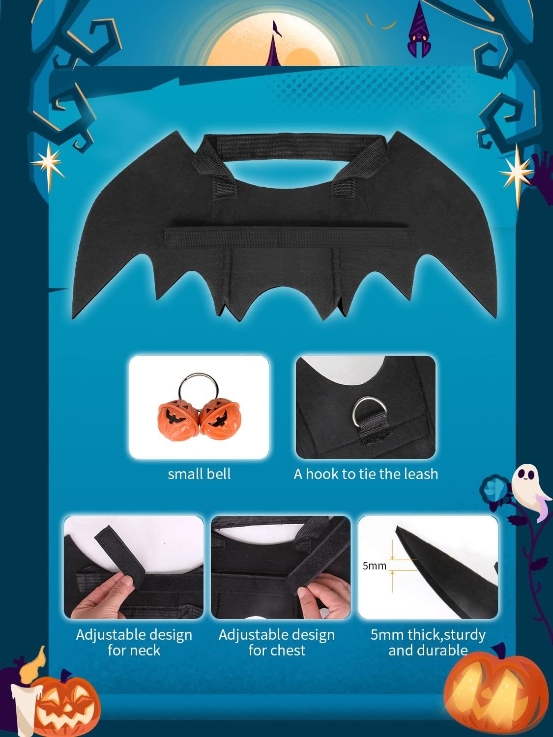 Halloween Dog Bat Wings Costume, Pet Halloween Cosplay Party Dress Up Clothes with Pumpkin Bells for Dogs and Cats - Image 6