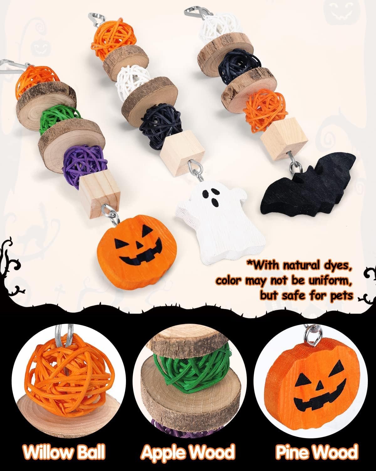 Xylolfsty 3PCS Chinchilla Toys Guinea Pig Bunny Rabbit Chew Toys Teeth Care Grinding Accessories for Small Animals Dwarf Pet Rat Cage Hanging Halloween-Themed - Image 4