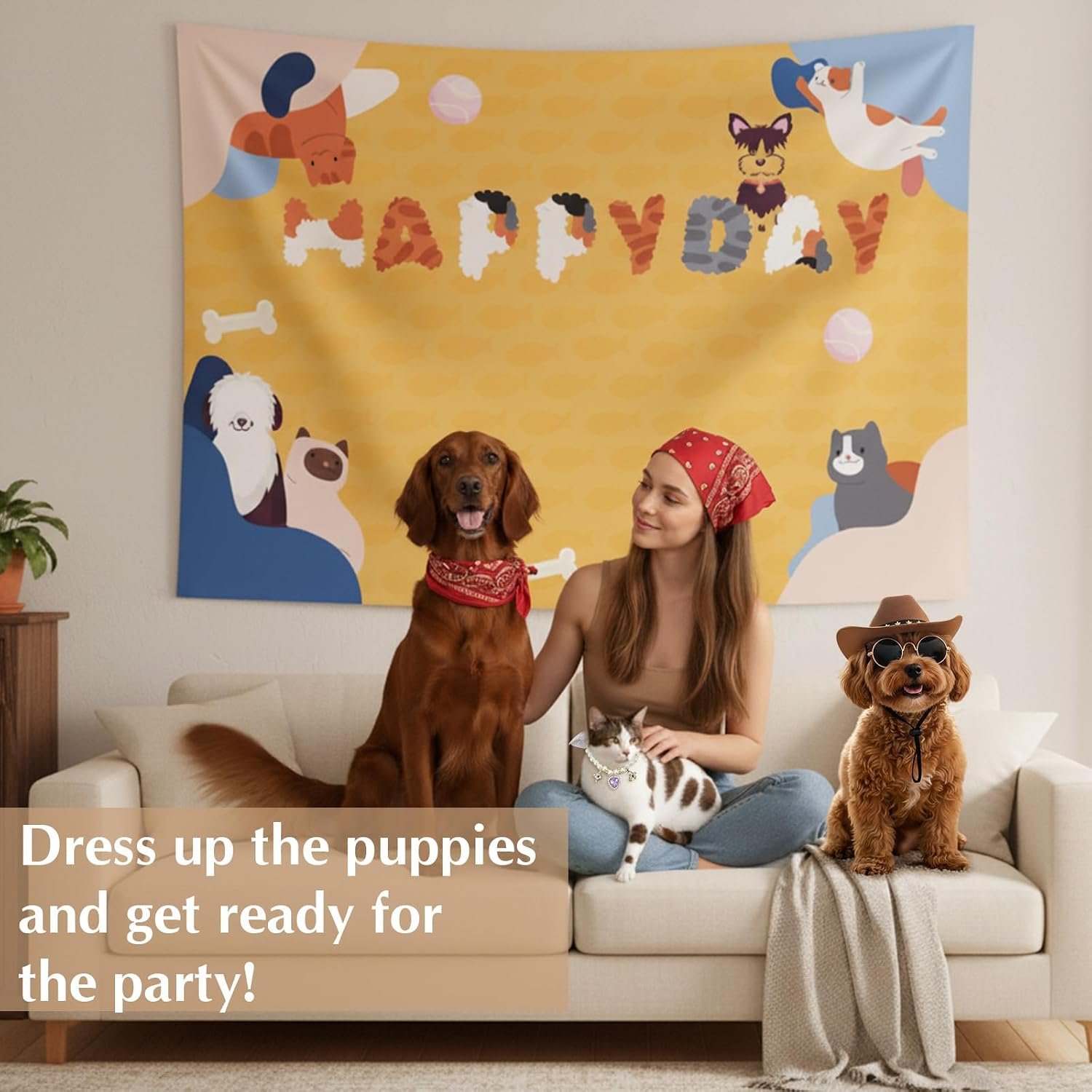 Pet Party Kit for Dogs & Cats – Cowboy Hat, Sunglasses, Bandana, Pearl Necklace, Paw Print Frame & Happy Birthday Backdrop – Pet Birthday Decorations & Photo Props Set - Image 2