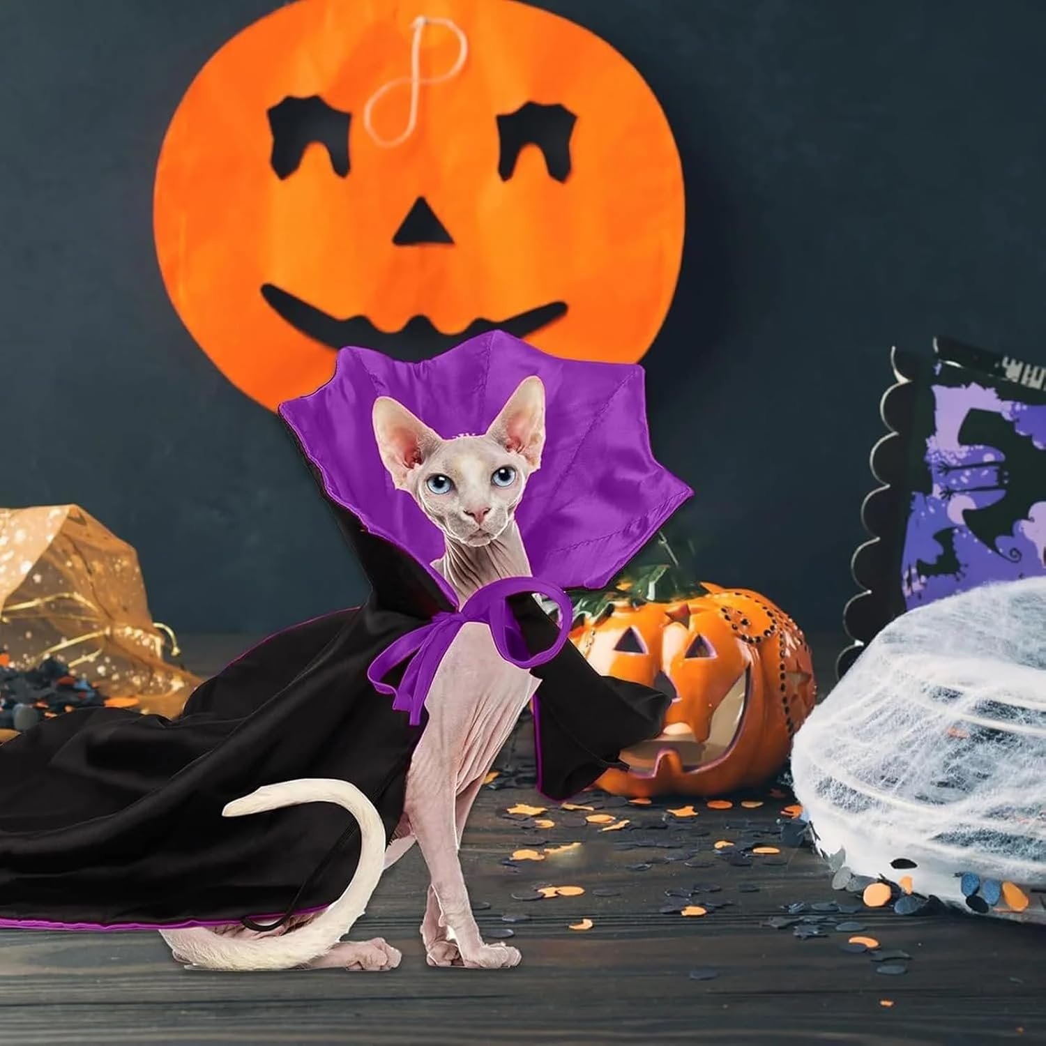Qiansail Cat Cape Vampire Cloak Halloween Dog Costume Pet Cosplay Apparel Outfit Decor Accessories for Puppy Kitten, Black and Purple, Polyester, Adjustable 7-19 Inches - Image 8