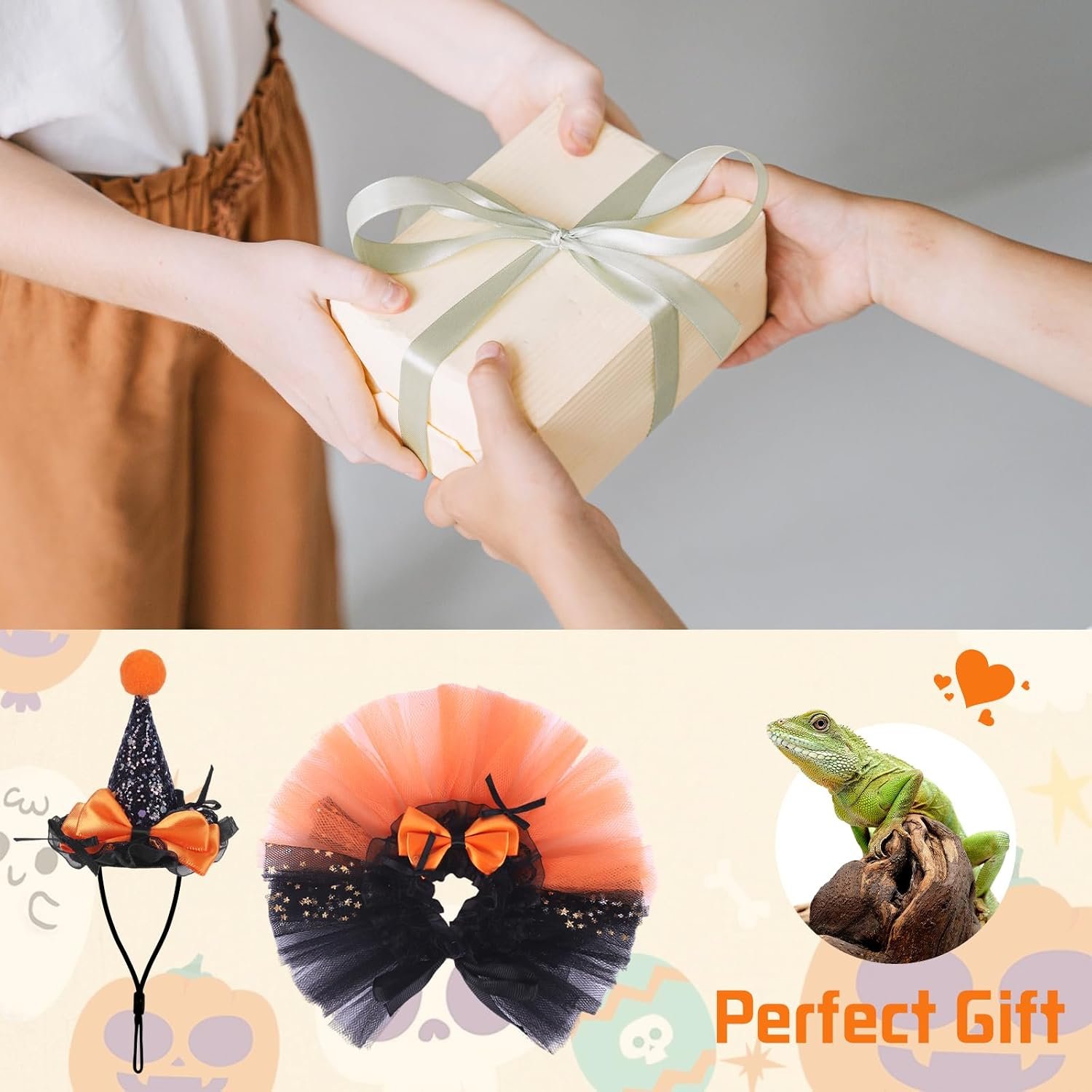 2pcs Bearded Dragon Witch Costume Set Small Pet Adjustable Hat Bow Tutu Skirt Outfits for Lizards Guinea Pigs Bunny Ferrets for Celebrations Halloween Parties (Orange) - Image 7