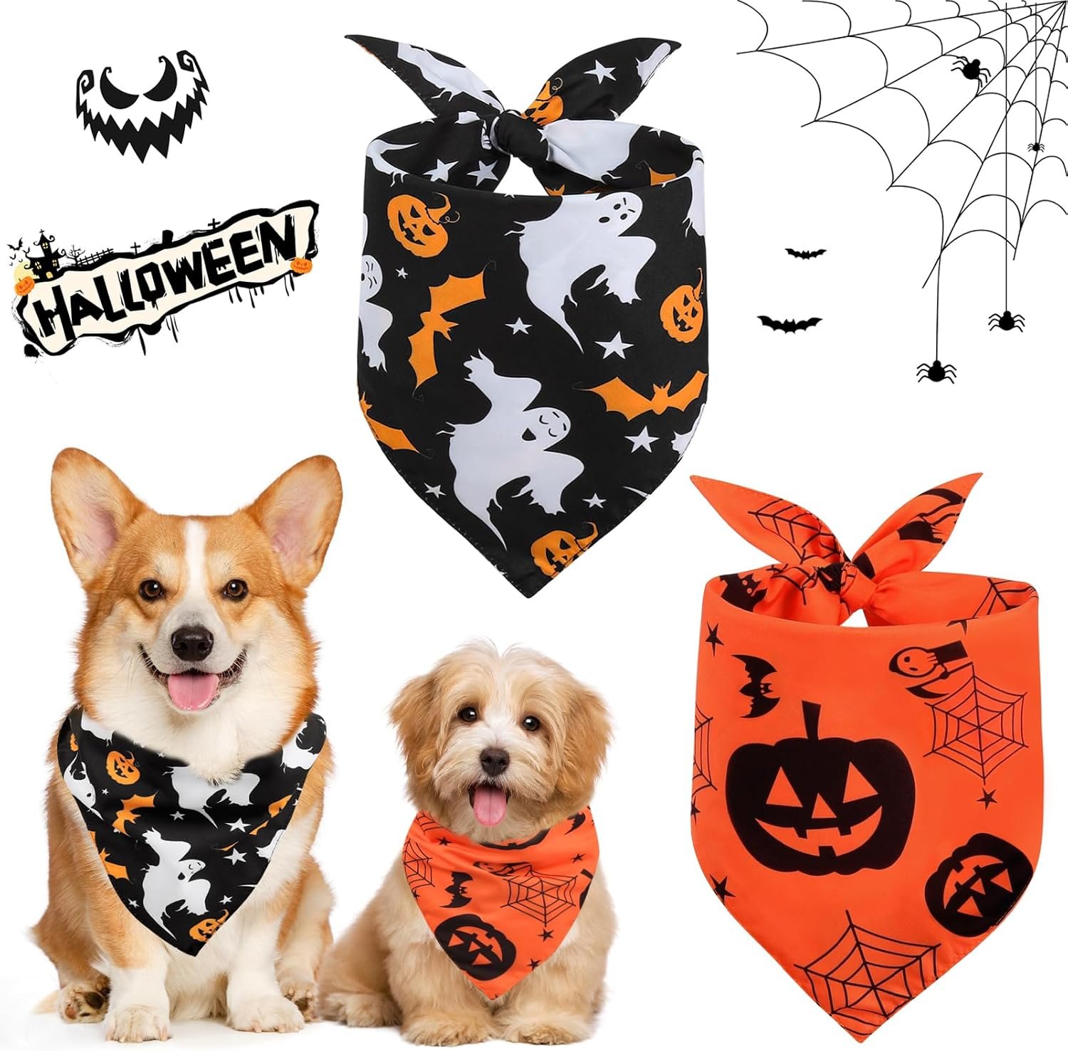 Vivifying 2 Pack Halloween Dog Bandanas, Spooky and Pumpkins Pattern - Image 8