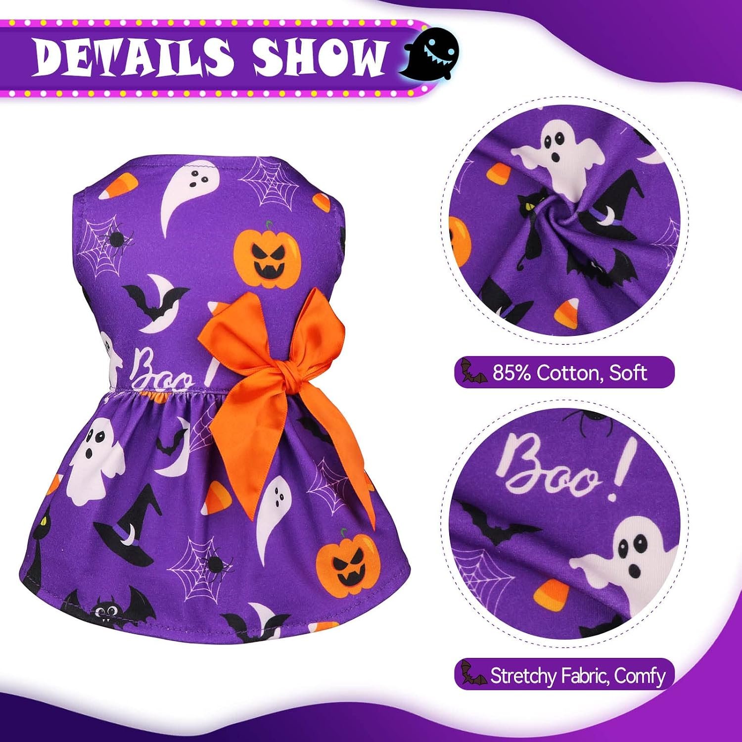 Halloween Dog Costume Girl Dress Stretchy Funny Puppy Clothes With Bowtie Outfit for Small Dogs Cats (L) - Image 3
