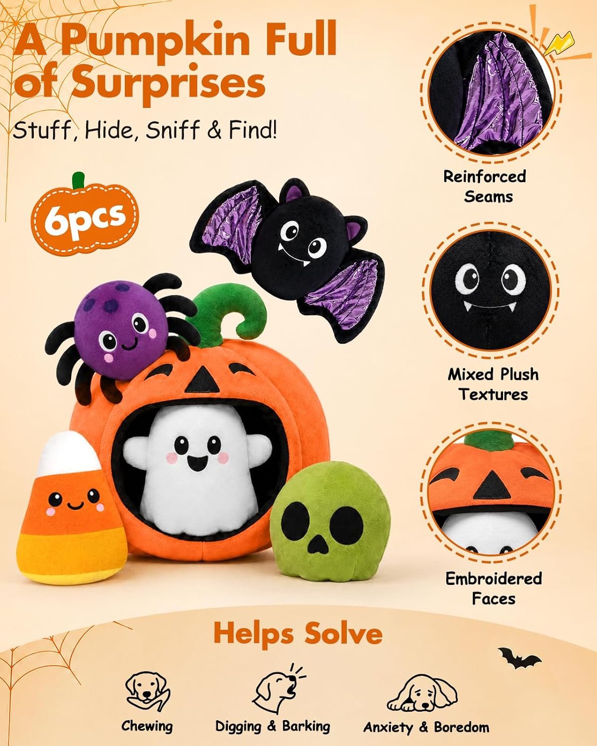 Swooflia 6 PCS Halloween Hide and Seek Dog Toys, Pumpkin Ghost - Image 2