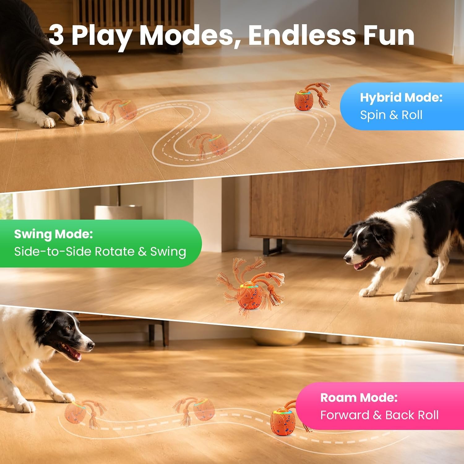 Smart Interactive Dog Toys, 3 Modes Automatic Rolling Ball, Chase Pet Toy with Rope & Barking Sound, Chew Resistant E-TPU, IPX7 Waterproof Rechargeable Ball for Medium Large Dogs, Orange - Image 4