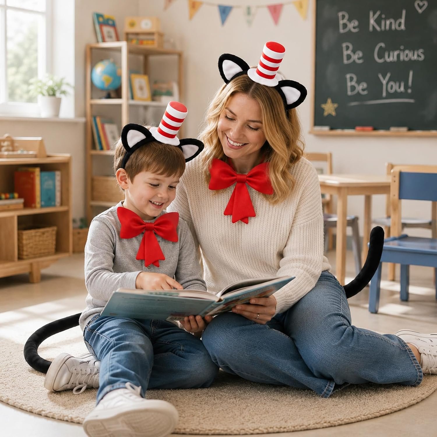 4 Pcs Cat Costumes Accessory White and Red Stripe Cat Costume for Read Book Day Costume Including Headband Gloves Bow Tie Tail Gloves for 100th Day of School Cosplay Halloween Party - Image 6
