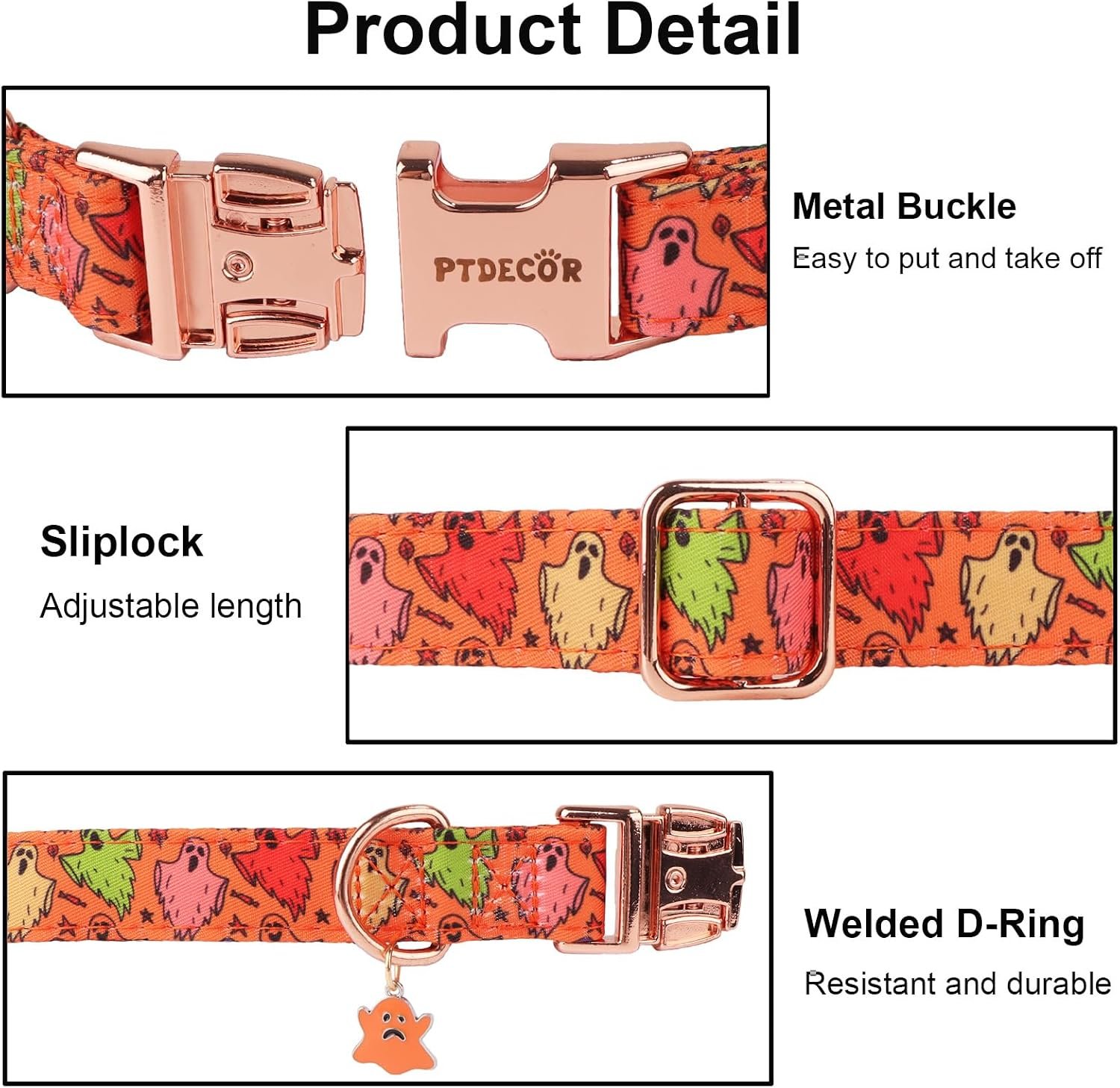 PTDECOR Halloween Dog Collar with Bow, Orange Ghost Pet Collar, Medium - Image 6