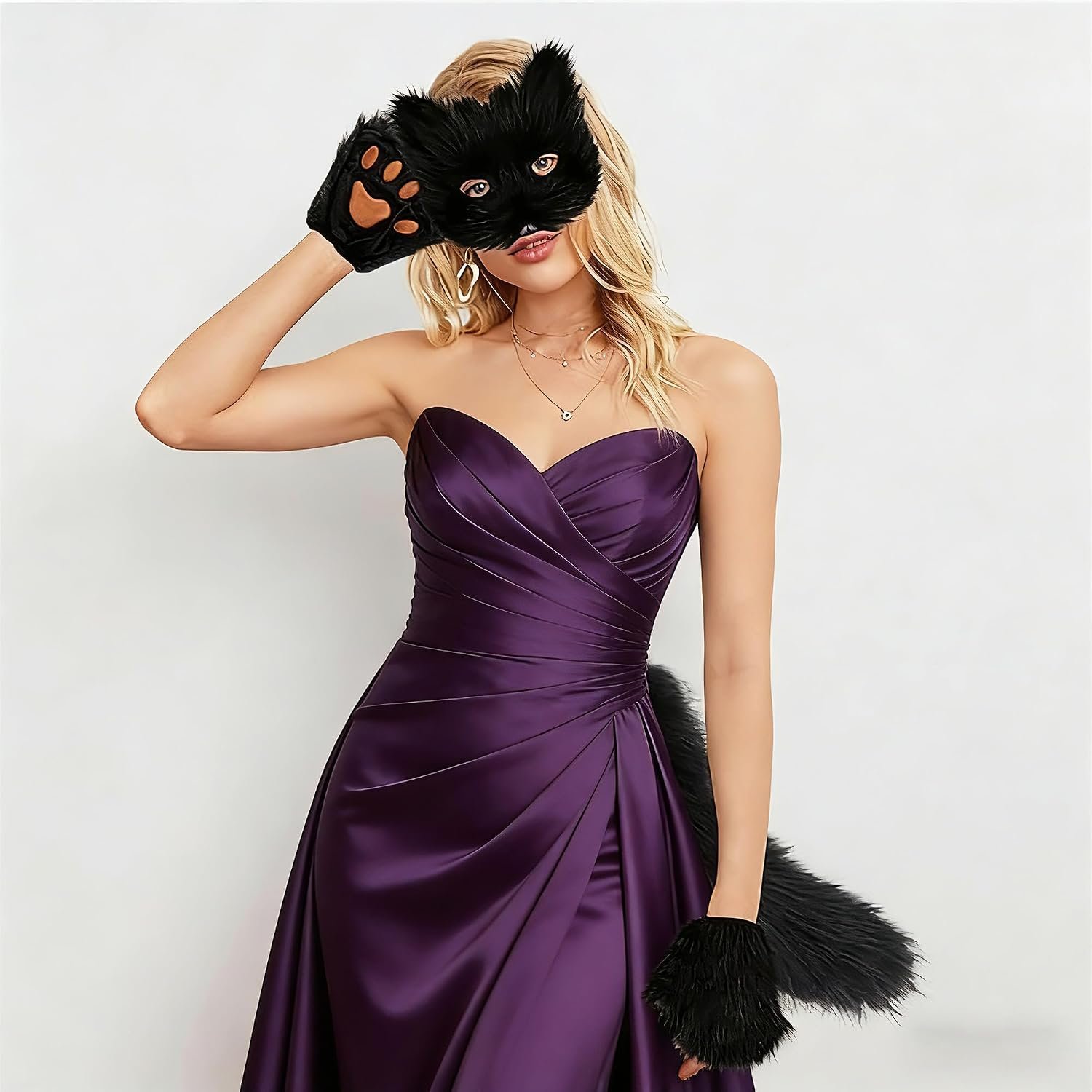 Cat Fox Wolf Tail, 4Pcs Furry Fox Tail, Therian Mask and Paw Gloves Costume Set for Women, Animals Costumes Halloween - Image 6