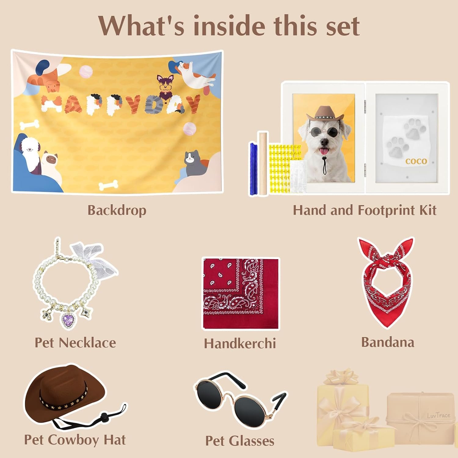 Pet Party Kit for Dogs & Cats – Cowboy Hat, Sunglasses, Bandana, Pearl Necklace, Paw Print Frame & Happy Birthday Backdrop – Pet Birthday Decorations & Photo Props Set - Image 6
