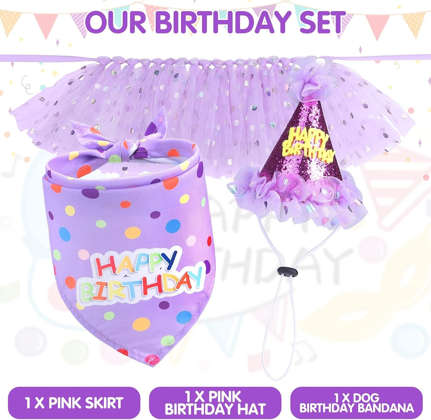SCENEREAL Dog Birthday Bandana with Hat and Dress Girl Set, Large Dog Birthday Party Supplies, Cute Tutu Skirt Outfit for Medium Big Dogs - Image 5