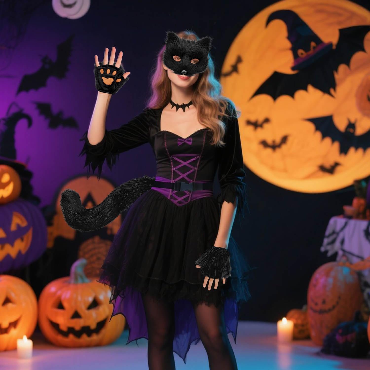 Cat Fox Wolf Tail, 4Pcs Furry Fox Tail, Therian Mask and Paw Gloves Costume Set for Women, Animals Costumes Halloween - Image 2
