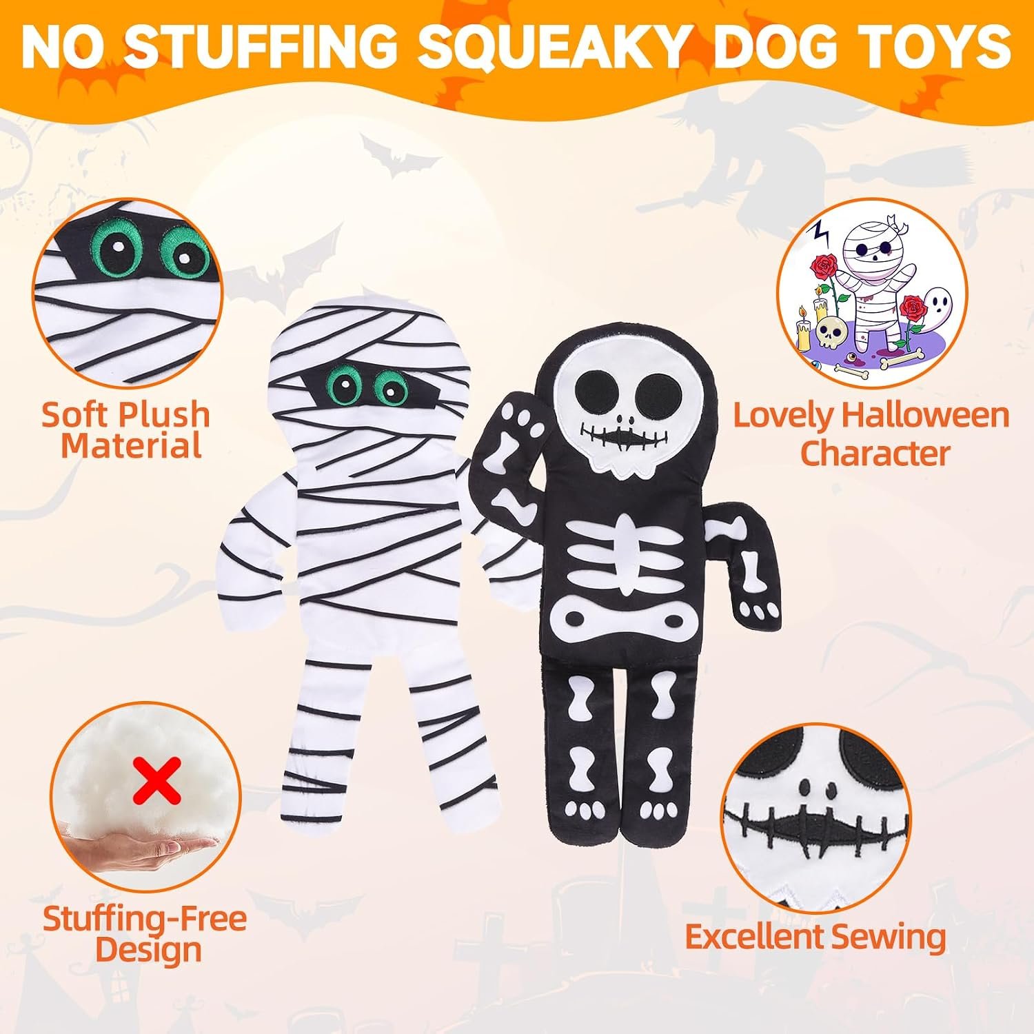 PAWCHIE Halloween Squeaky Dog Toys 2 Pcs for Small Medium Dogs,No Stuffing Crinkle Puppy Toy,Soft Pet Plush Teething Toys Mess-Free Interactive Chew Toy for Boredom Ideal, Skeleton & Mummy - Image 3