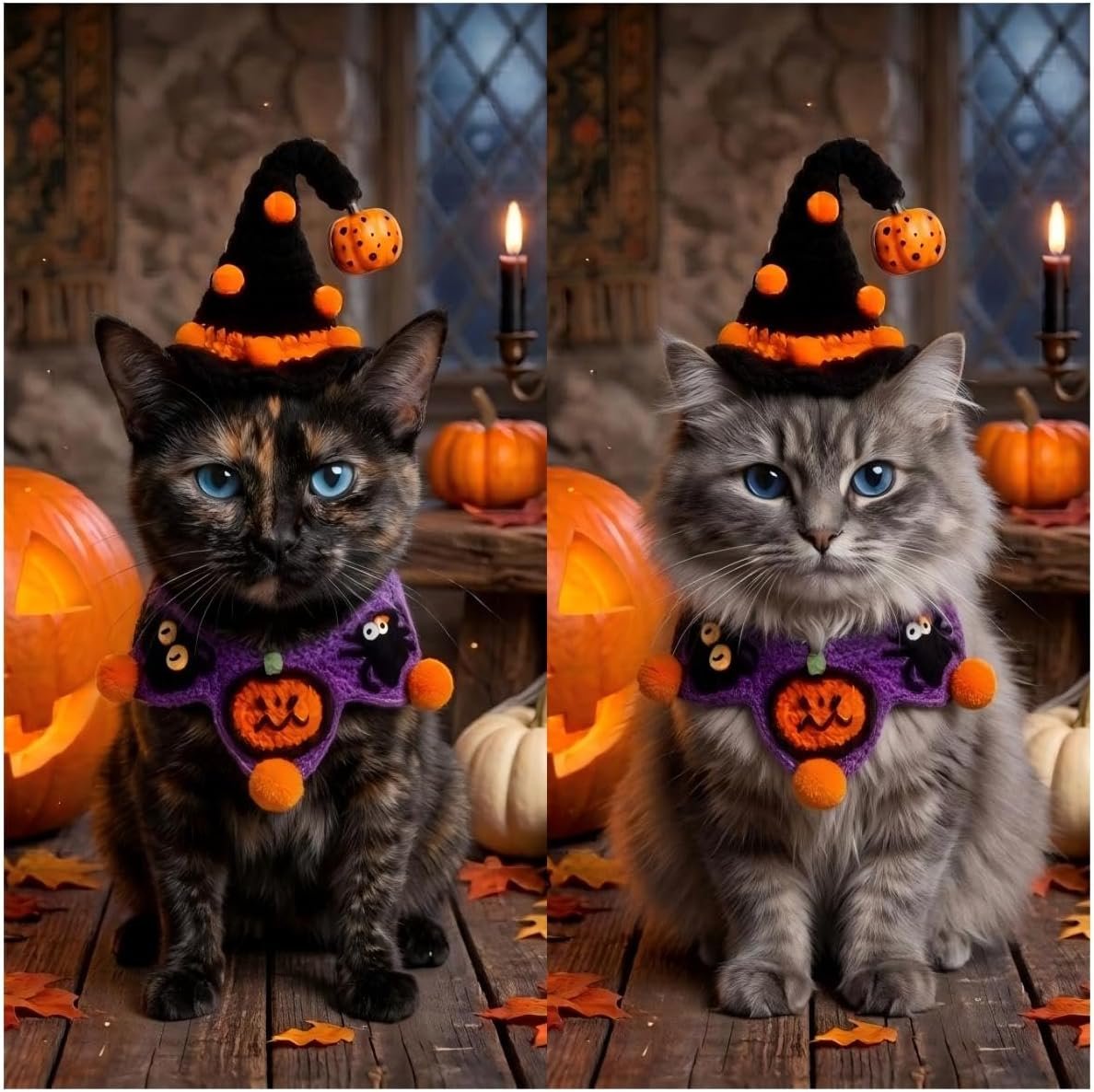 Halloween Dog Costume - Black Witch Hat & Halloween Outfit for Cats and Small Sized Dogs,Handmade Festive Halloween Pet Apparel with Pumpkin Design for Party & Photos - Image 2