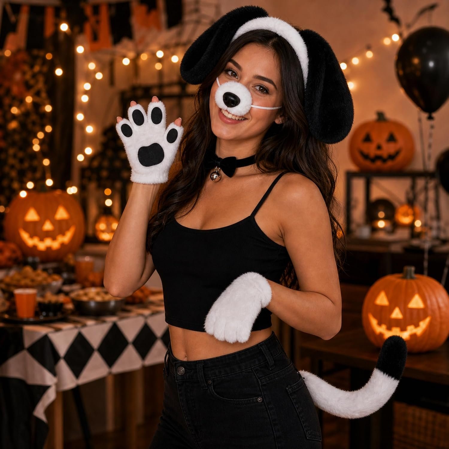 6PCS Puppy Dog Costume Set for Adults, Puppy Dog Ears Headband, Paw Gloves, Dog Nose, Tail, Bow Tie & Bell Collar, Halloween Dog Cosplay Costume Accessories - Image 4