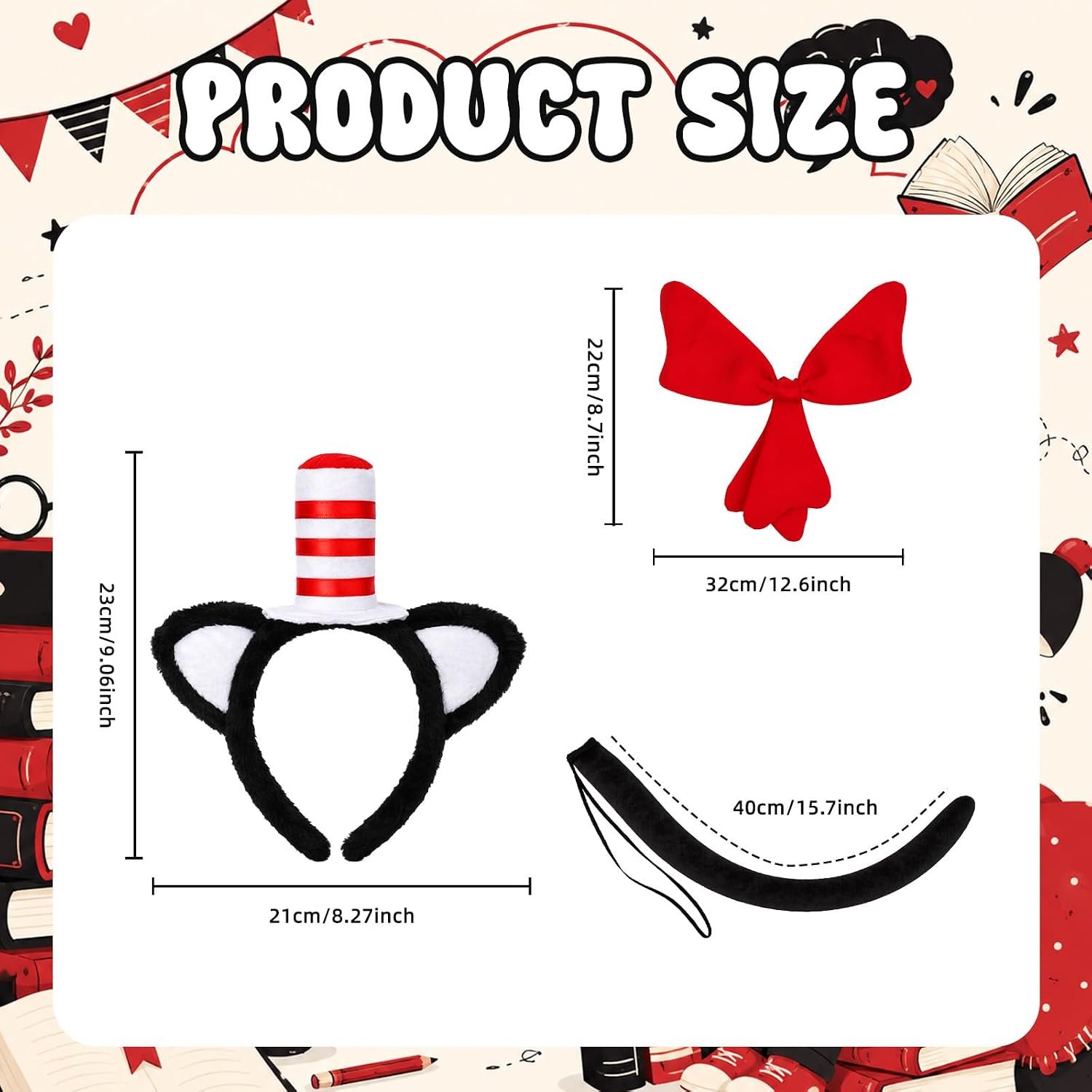 4 Pcs Cat Costumes Accessory White and Red Stripe Cat Costume for Read Book Day Costume Including Headband Gloves Bow Tie Tail Gloves for 100th Day of School Cosplay Halloween Party - Image 2