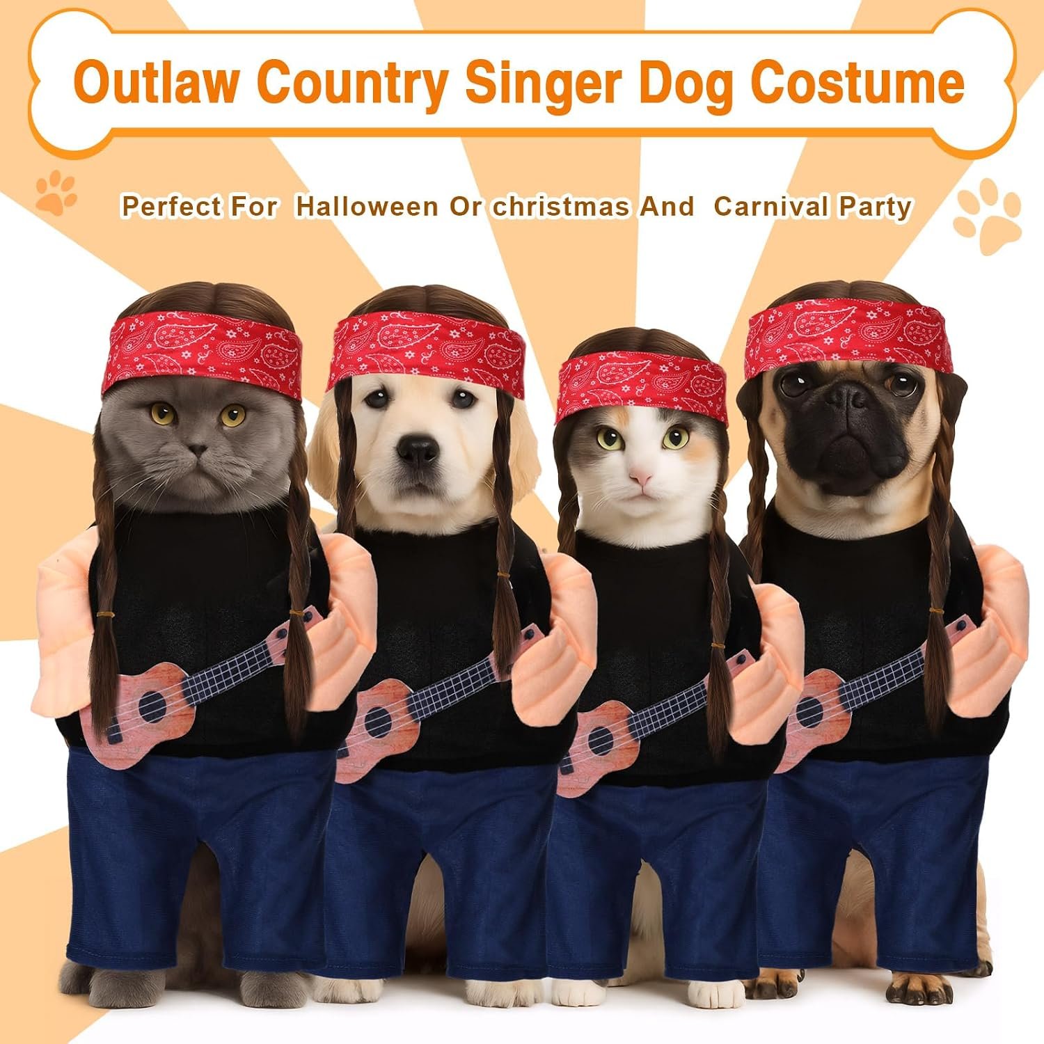 Huhumy Halloween Country Singer Dog Costume Guitar Wig Bandana for Dog, Xs - Image 3