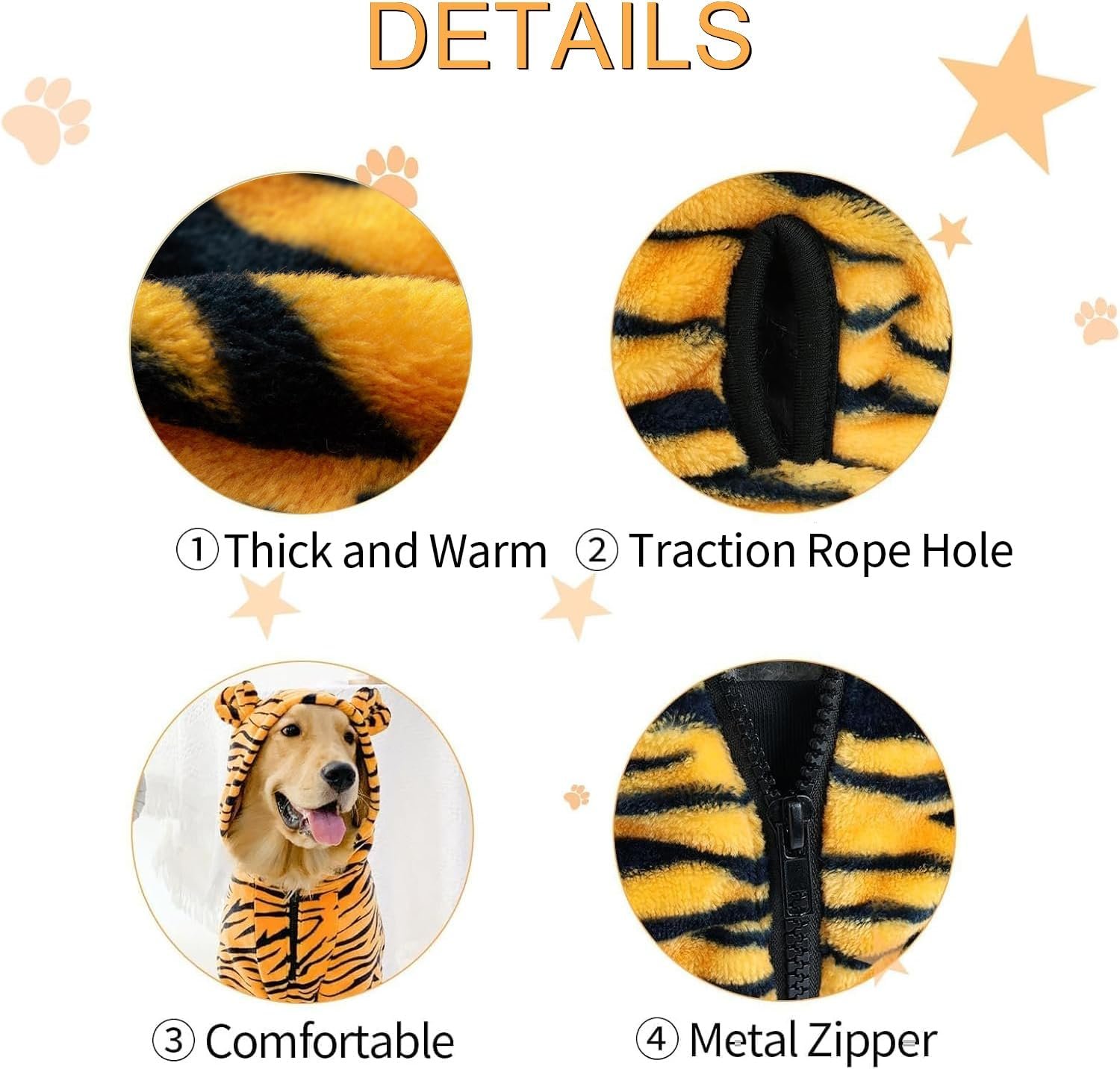 HOTUMN Large Dog Tiger Costumes - Halloween Dog Cosplay Costume Pet Warm Thick Clothes and Cute Hoodie Winter Coat for Medium Large Dogs(Tiger,6X-Large) - Image 3