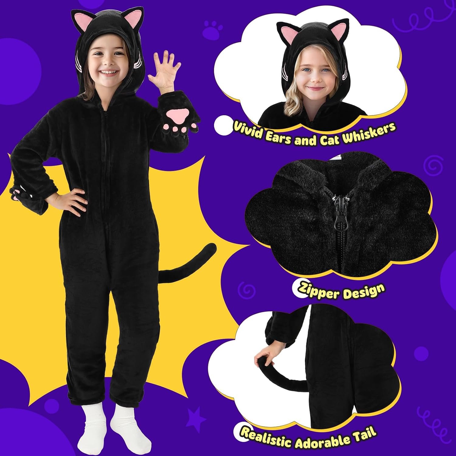 Joycover Halloween Black Cat Costume for Girls, Kids Cheetah Costume Onesie - Image 3