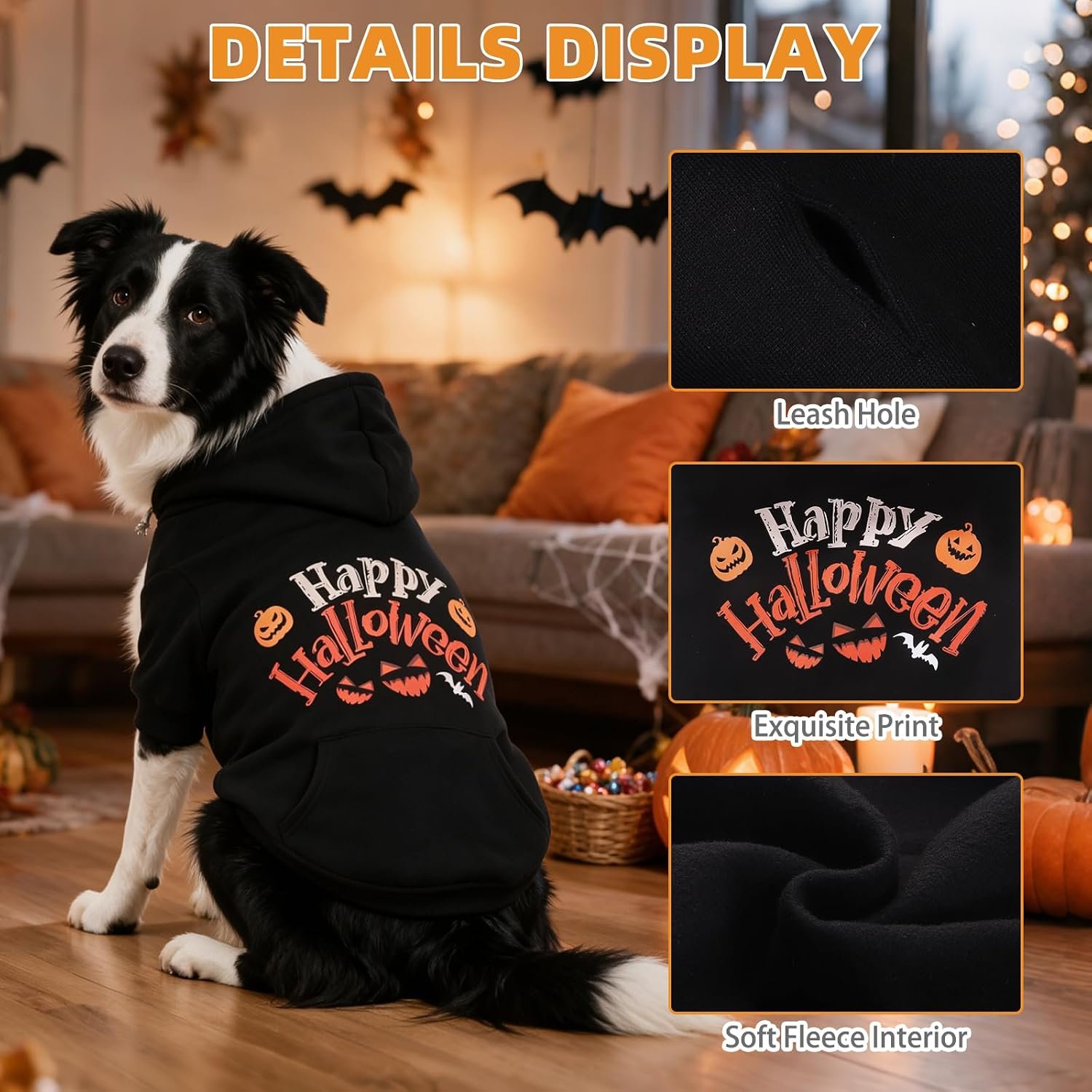KOOLTAIL Halloween Dog Hoodie for Large Medium Dogs, Soft Warm Pet Sweater with Leash Hole and Pocket Boy Girl, Puppy Fall Clothes Party Costume, French Pitbull Cold Weather Coat Sweatshirt, Black M - Image 6