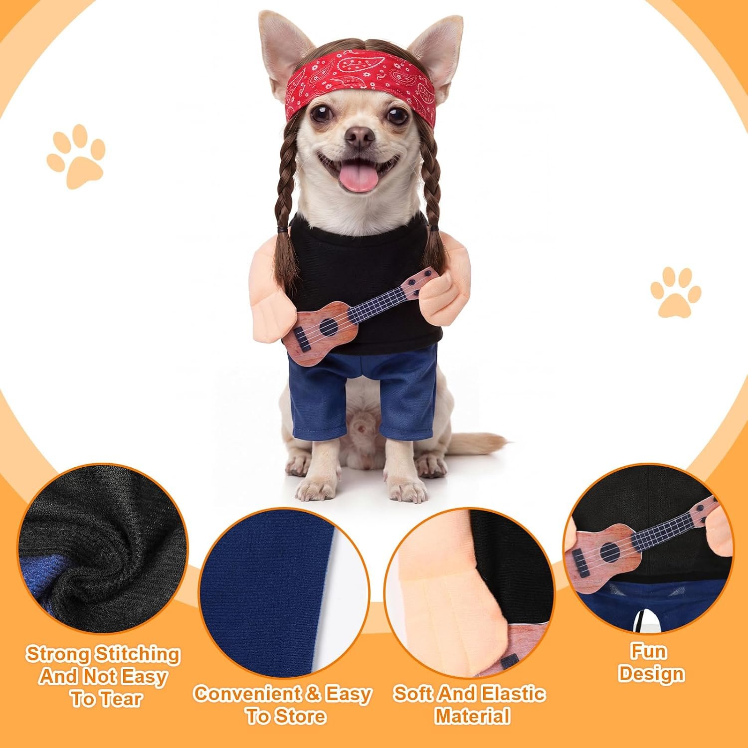 Huhumy Halloween Country Singer Dog Costume Guitar Wig Bandana for Dog, Xs - Image 2