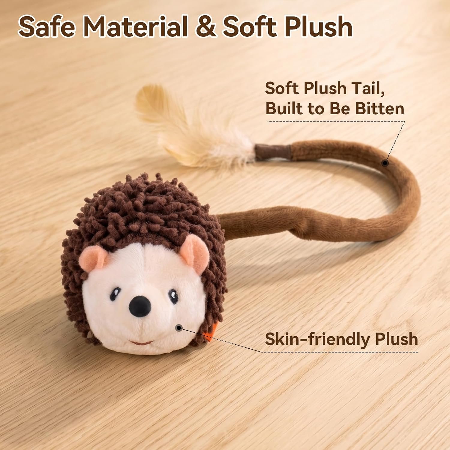 Migipaws Interactive Hedgehog Cat Toy 360° Rolling & Spin with Soft Plush Tail for Indoor Cats Smart Motion Sensor, Realistic Squeak, Rechargeable Plush Kitten Toy (Brown) - Image 6