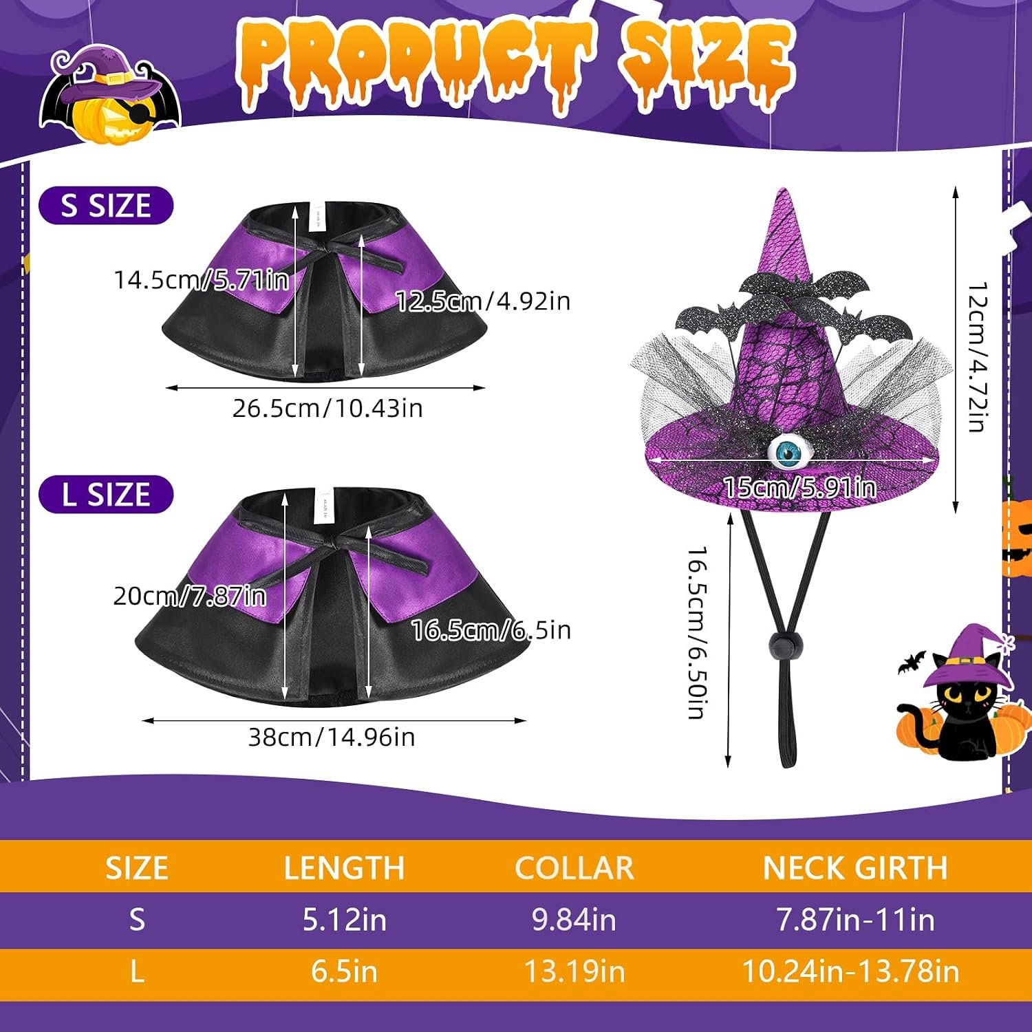 QKURT Halloween Pet Wizard Costume, Witch Cloak & Hat Set for Cats and Small Dog, Pet Cosplay Halloween Party Decoration(L) - Image 2