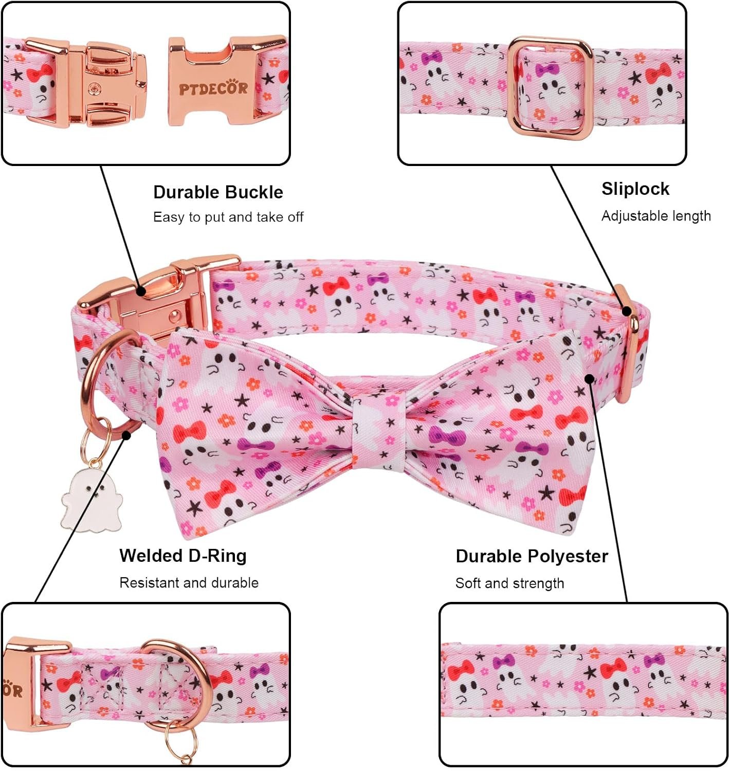 PTDECOR Pink Halloween Dog Collar Girl, Cute Ghost Dog Collar Bow, Medium - Image 4