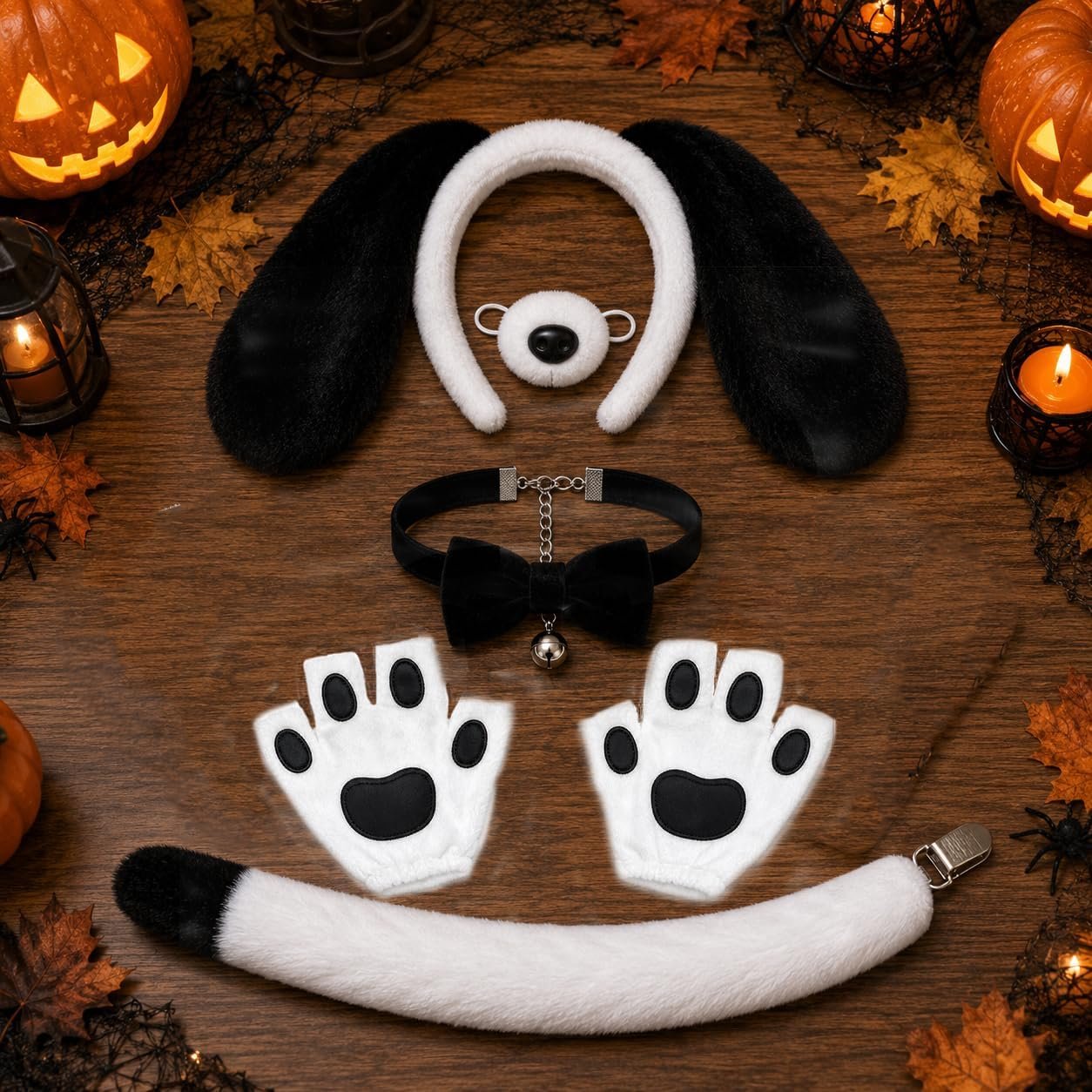 6PCS Puppy Dog Costume Set for Adults, Puppy Dog Ears Headband, Paw Gloves, Dog Nose, Tail, Bow Tie & Bell Collar, Halloween Dog Cosplay Costume Accessories - Image 7