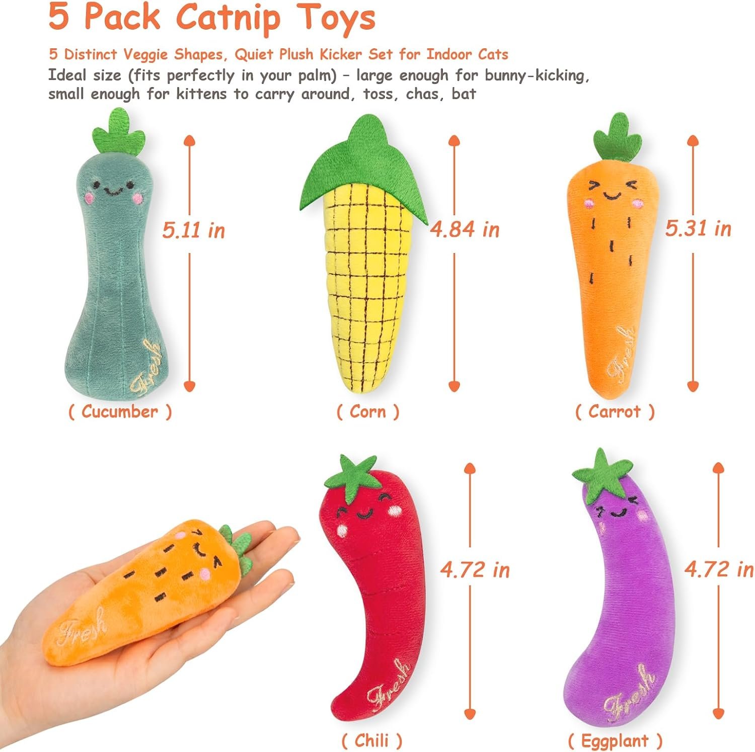 ETEKYER Catnip Cat Toys 5 Pack Vegetable Plush Kicker for Indoor Cats - Image 3