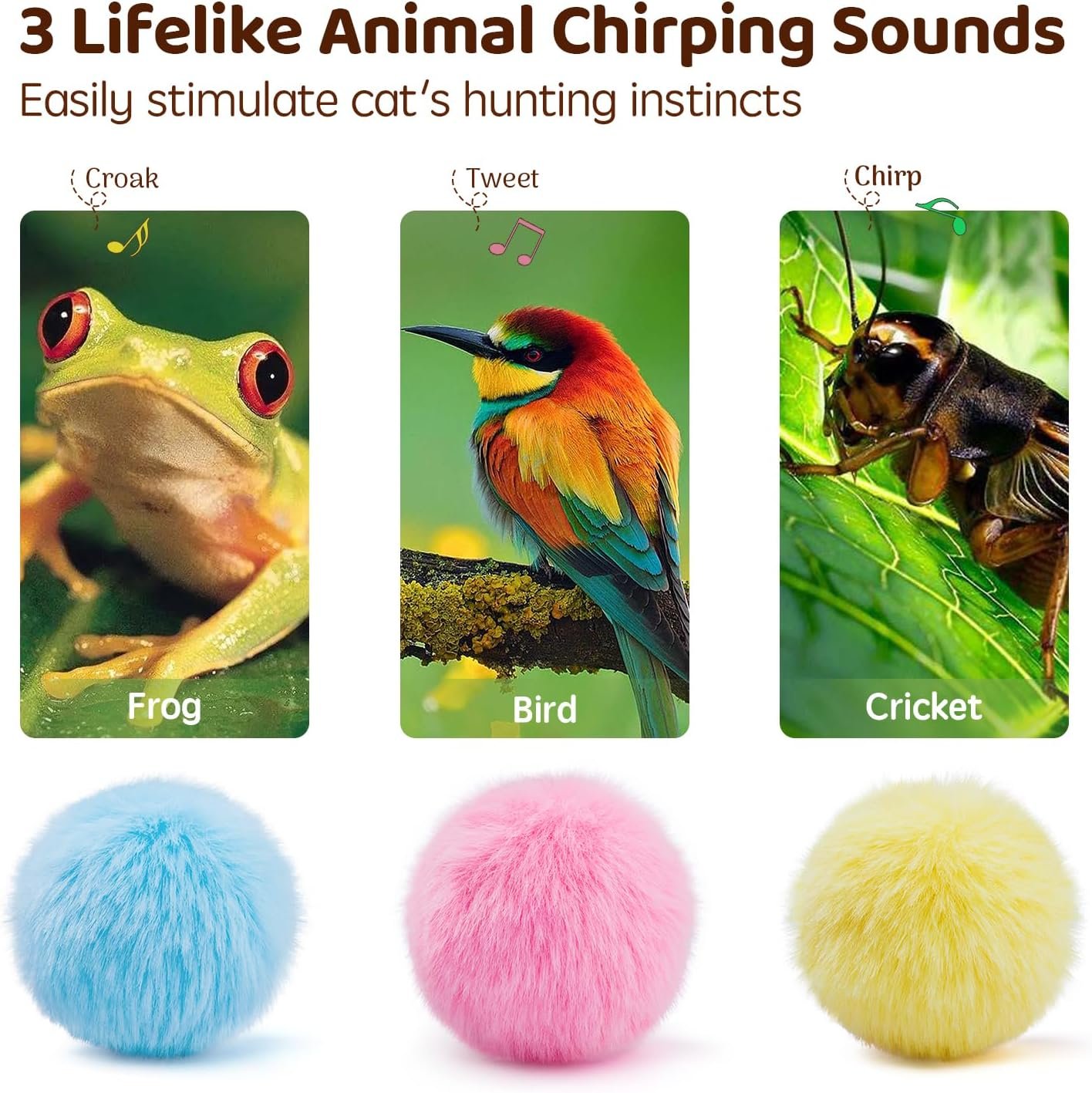 Potaroma Chirping Cat Toys Balls with SilverVine Catnip, Upgraded, 3 Pack Fluffy Interactive Cat Kicker, 3 Lifelike Animal Sounds, Kitty Kitten Catnip Exercise Toys - Image 2