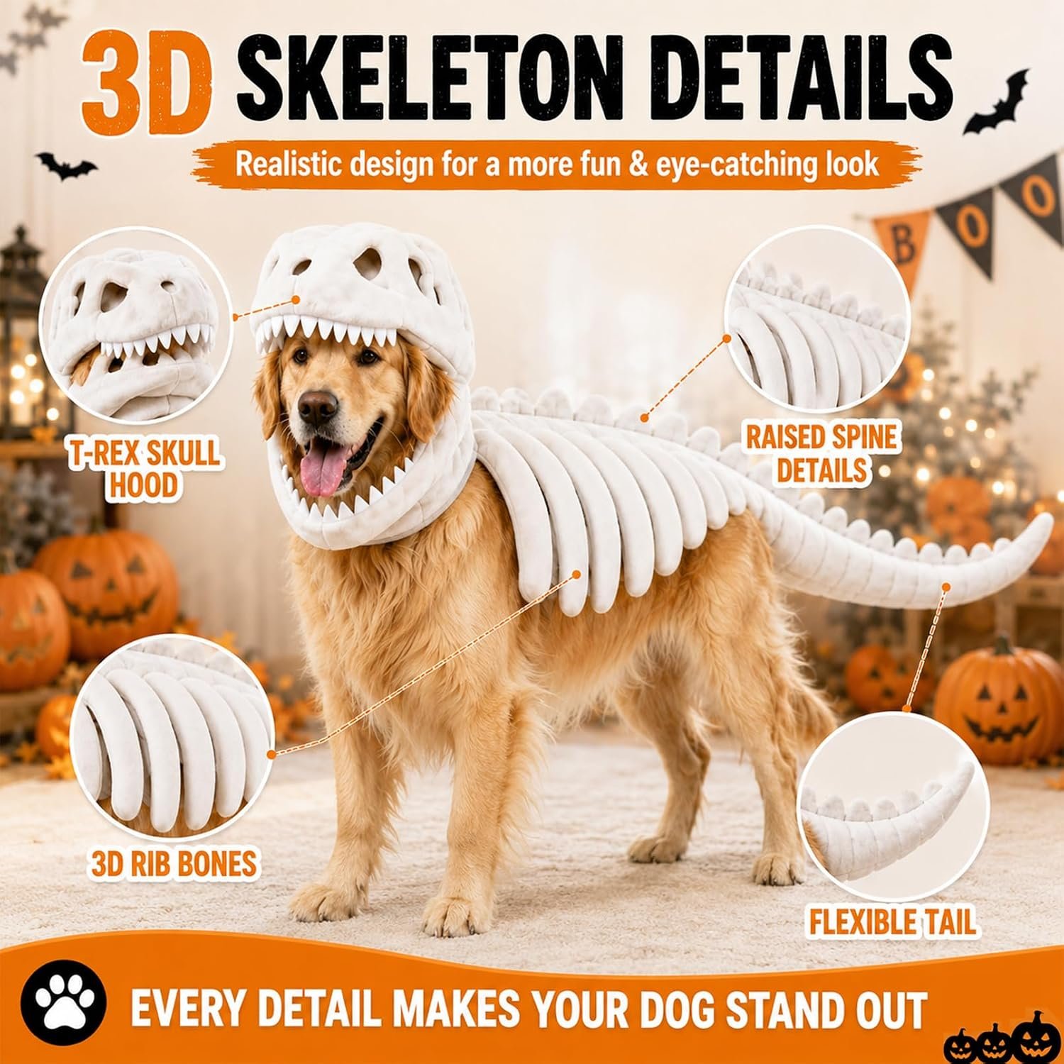 Dog Dinosaur Costume, Glow in the Dark Dinosaur Halloween Costume for Dogs (47.2inch(Big Dog)) - Image 3