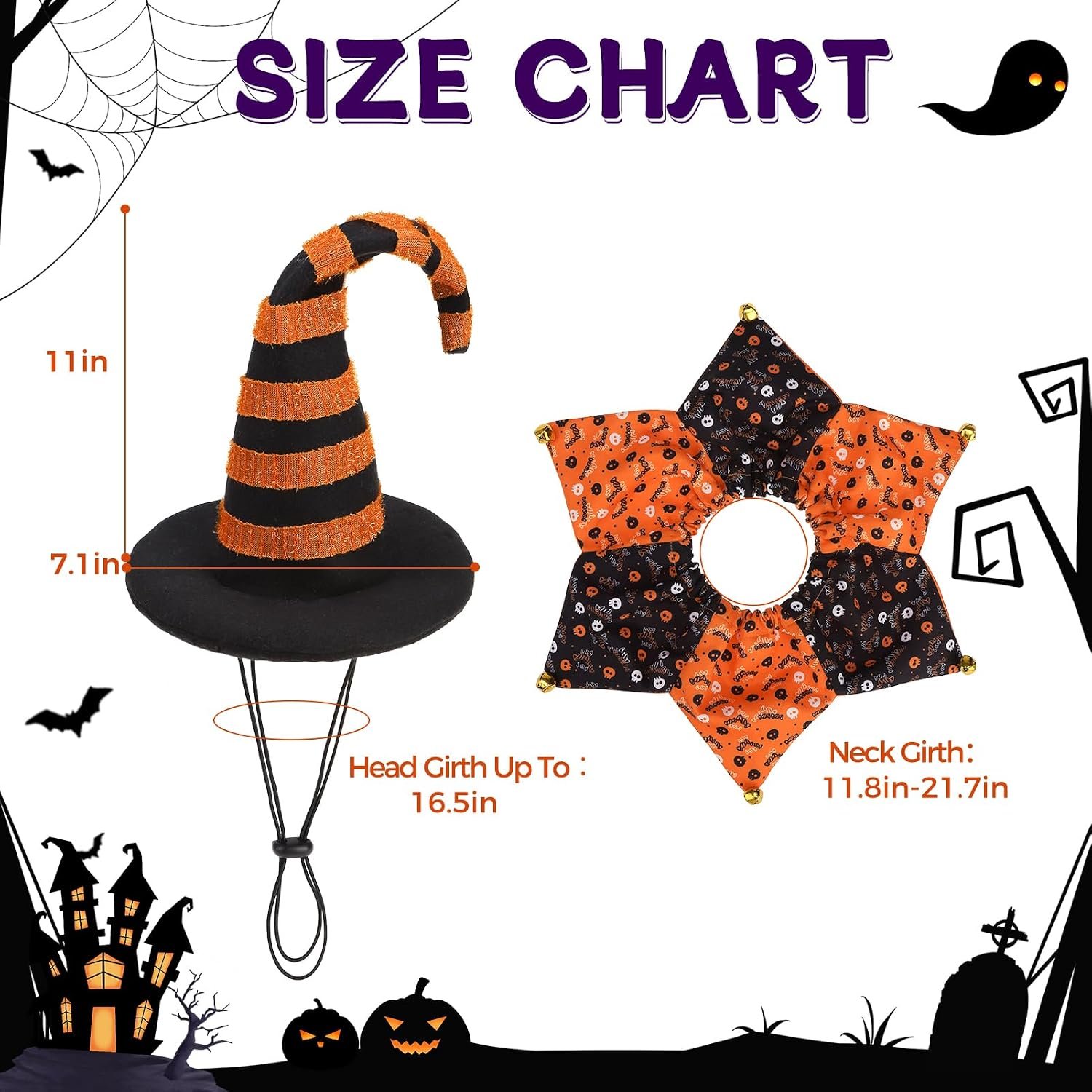 PAWCHIE Dog Halloween Costume,Halloween Collar Hat Set Pets Puppy Cat Halloween Outfit Apparel Cosplay, Dog Collar with Bells and Funny Hat Accessories Decoration for Small Medium Dogs 2 Pcs, Orange - Image 7