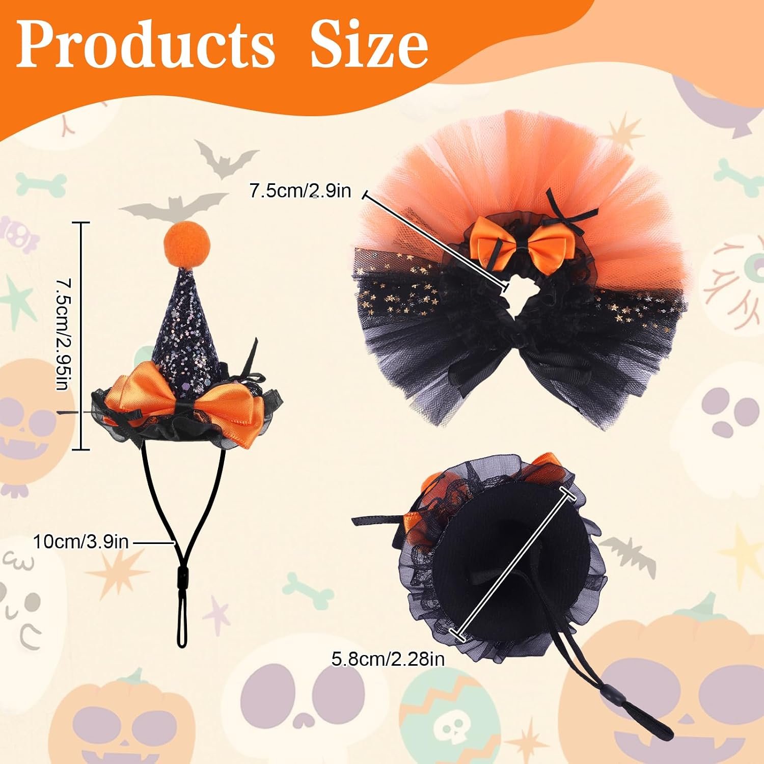 2pcs Bearded Dragon Witch Costume Set Small Pet Adjustable Hat Bow Tutu Skirt Outfits for Lizards Guinea Pigs Bunny Ferrets for Celebrations Halloween Parties (Orange) - Image 2