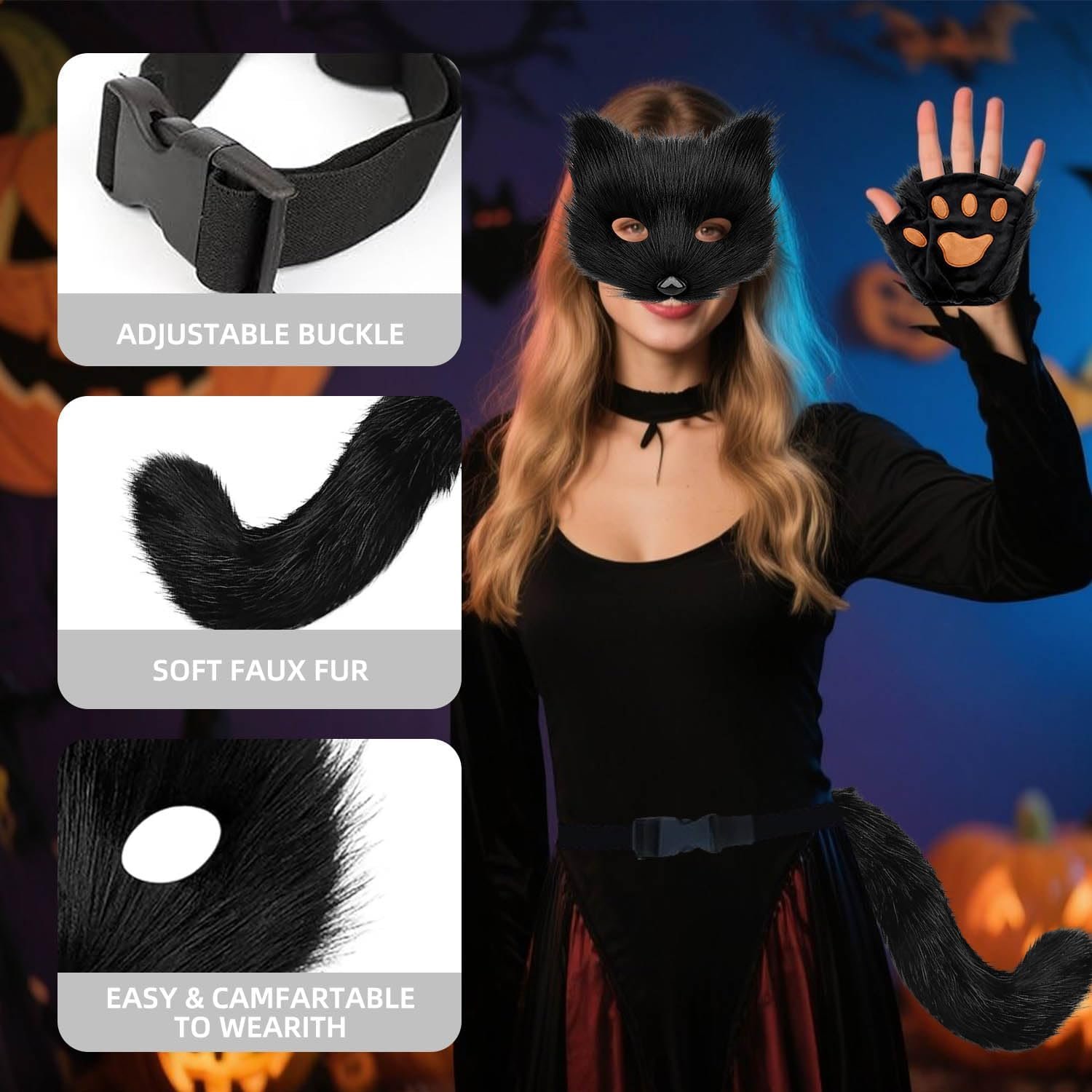 Cat Fox Wolf Tail, 4Pcs Furry Fox Tail, Therian Mask and Paw Gloves Costume Set for Women, Animals Costumes Halloween - Image 4