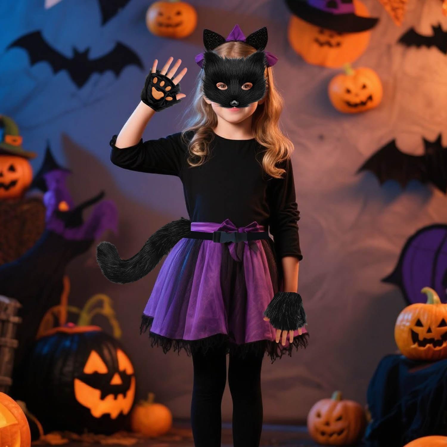 Cat Fox Wolf Tail, 4Pcs Furry Fox Tail, Therian Mask and Paw Gloves Costume Set for Women, Animals Costumes Halloween - Image 3