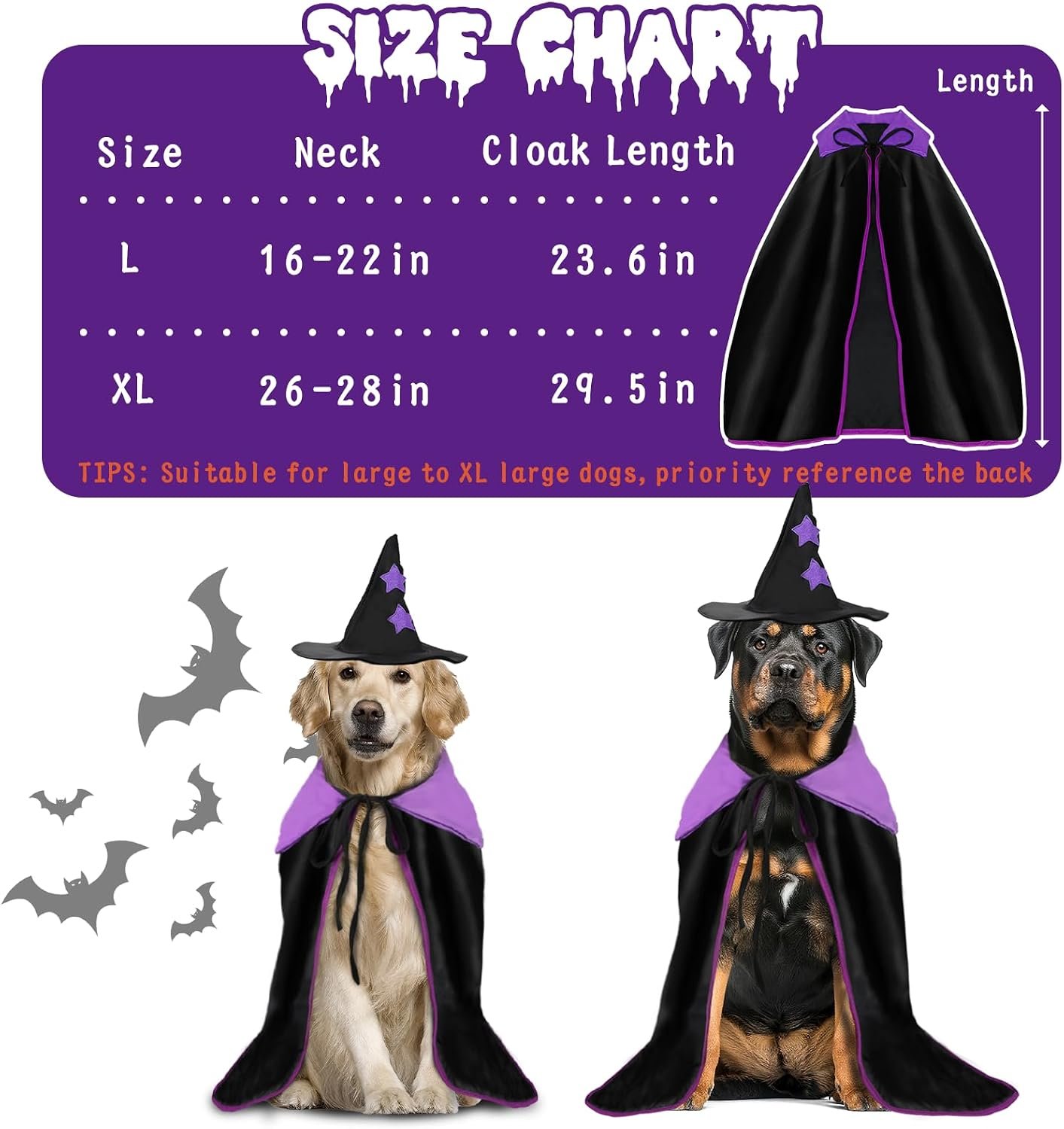 YUEPET Extra Large Dog Halloween Costumes, Dog Witch Cloak with Hat 23.6 in - Image 4
