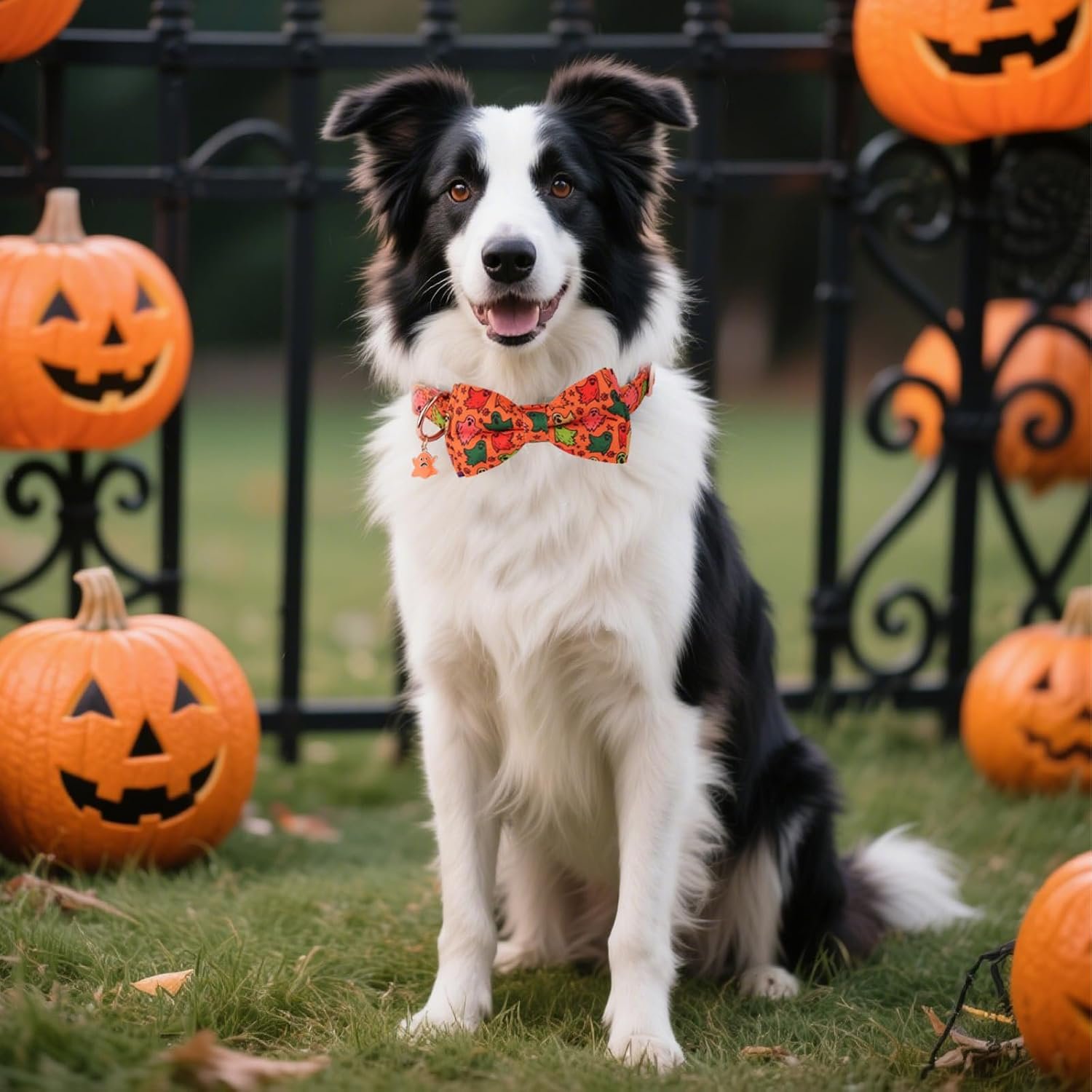 PTDECOR Halloween Dog Collar with Bow, Orange Ghost Pet Collar, Medium - Image 3