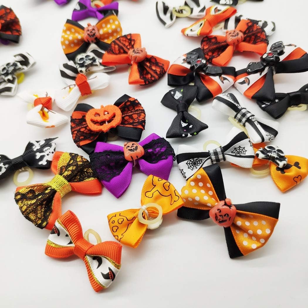 24pcs/12pairs Rhinestone Skull Pet Dog Hair Bows Halloween Designs Puppy Grooming Bows Hair Accessories with Rubber Bands (Bowknot) - Image 2