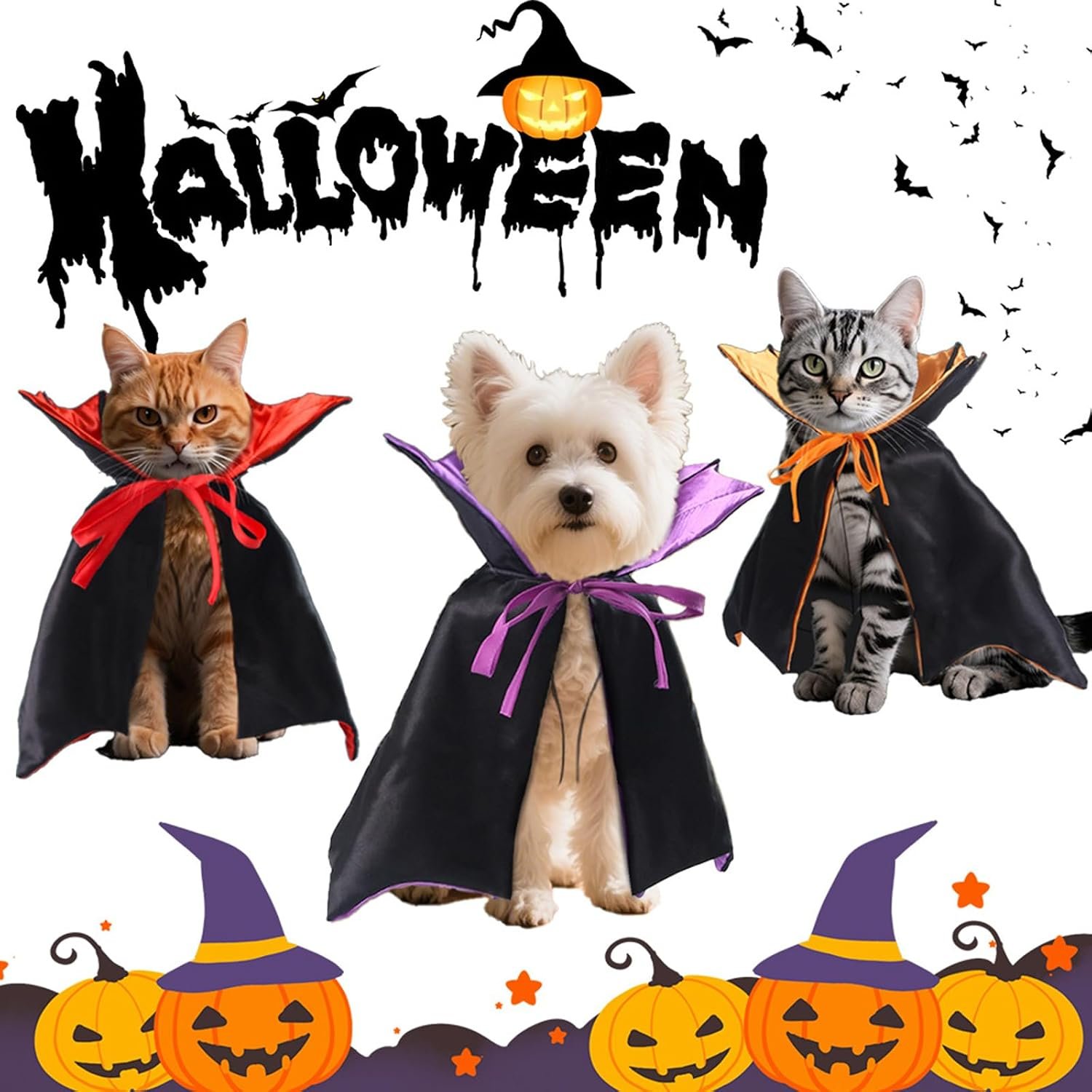 Qiansail Cat Cape Vampire Cloak Halloween Dog Costume Pet Cosplay Apparel Outfit Decor Accessories for Puppy Kitten, Black and Purple, Polyester, Adjustable 7-19 Inches - Image 6