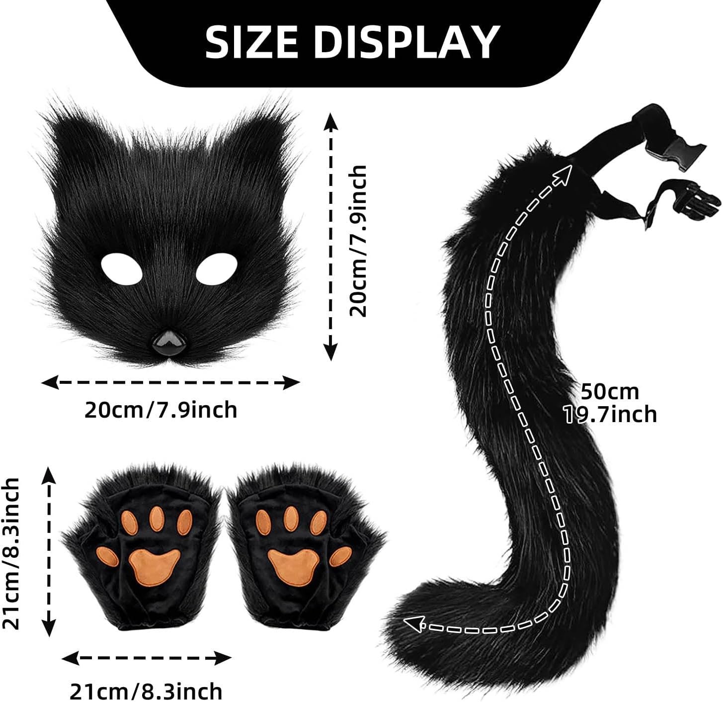 Cat Fox Wolf Tail, 4Pcs Furry Fox Tail, Therian Mask and Paw Gloves Costume Set for Women, Animals Costumes Halloween - Image 5