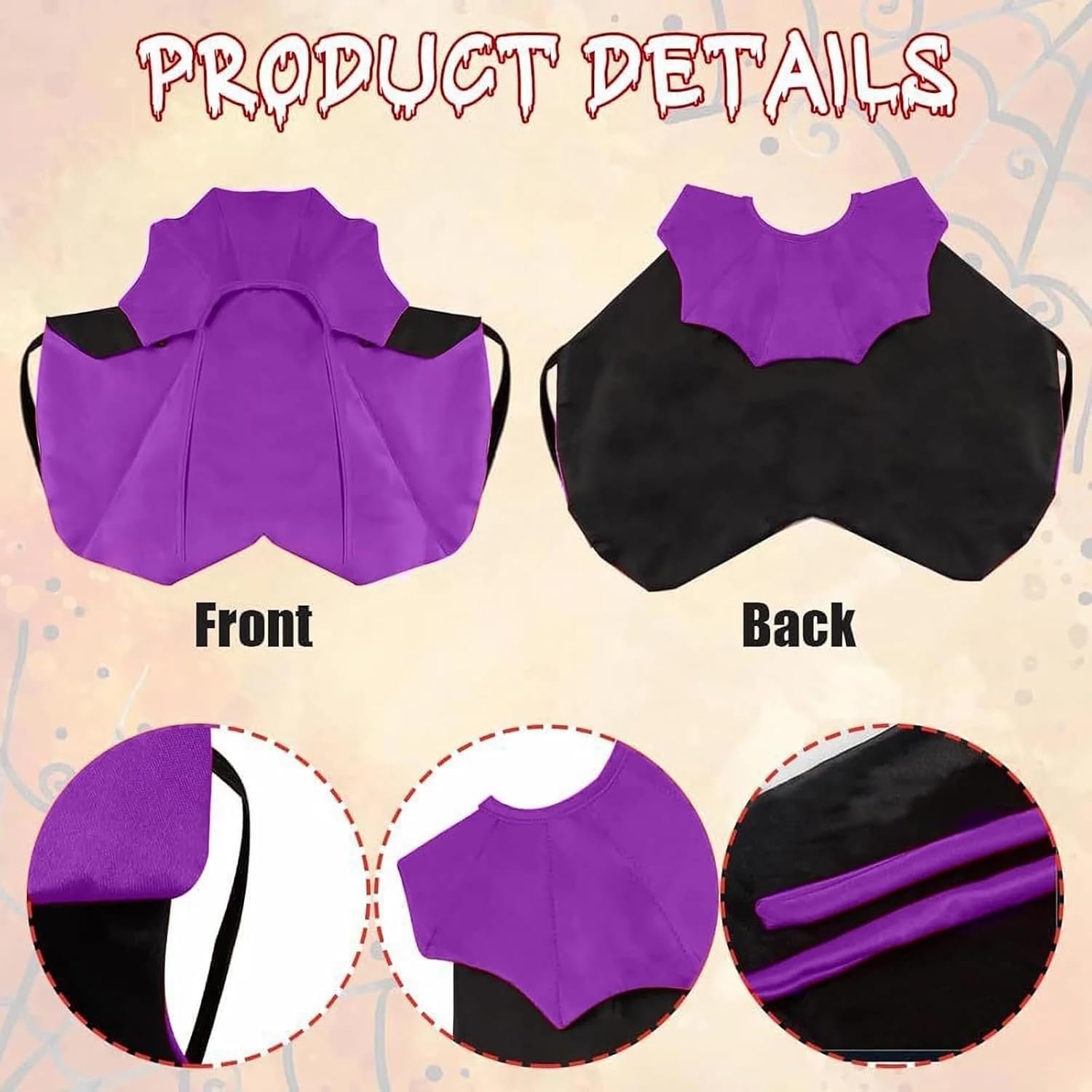Qiansail Cat Cape Vampire Cloak Halloween Dog Costume Pet Cosplay Apparel Outfit Decor Accessories for Puppy Kitten, Black and Purple, Polyester, Adjustable 7-19 Inches - Image 3
