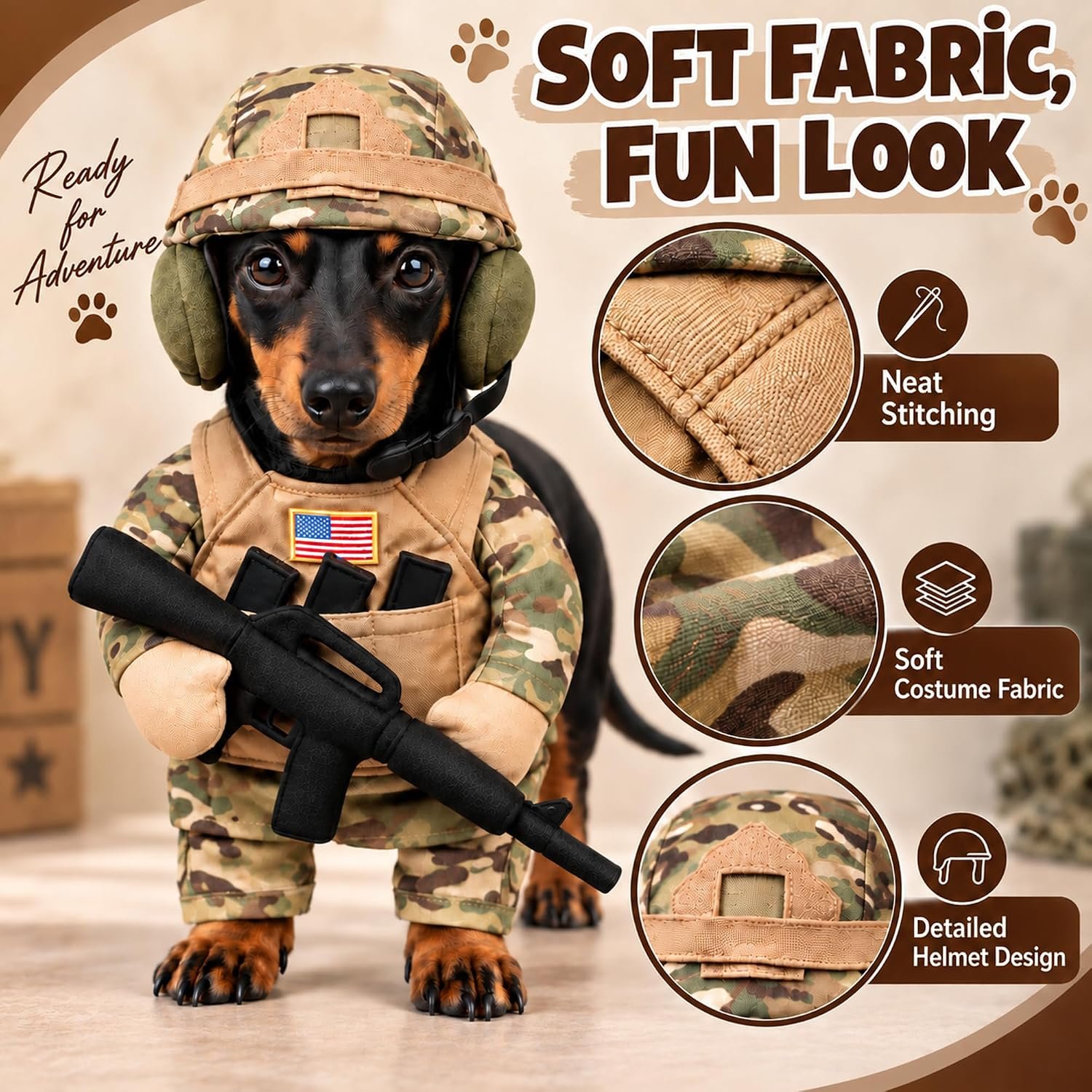 Dog Halloween Costumes with Helmet, Military Uniform for Small Dogs & Cats - Image 2