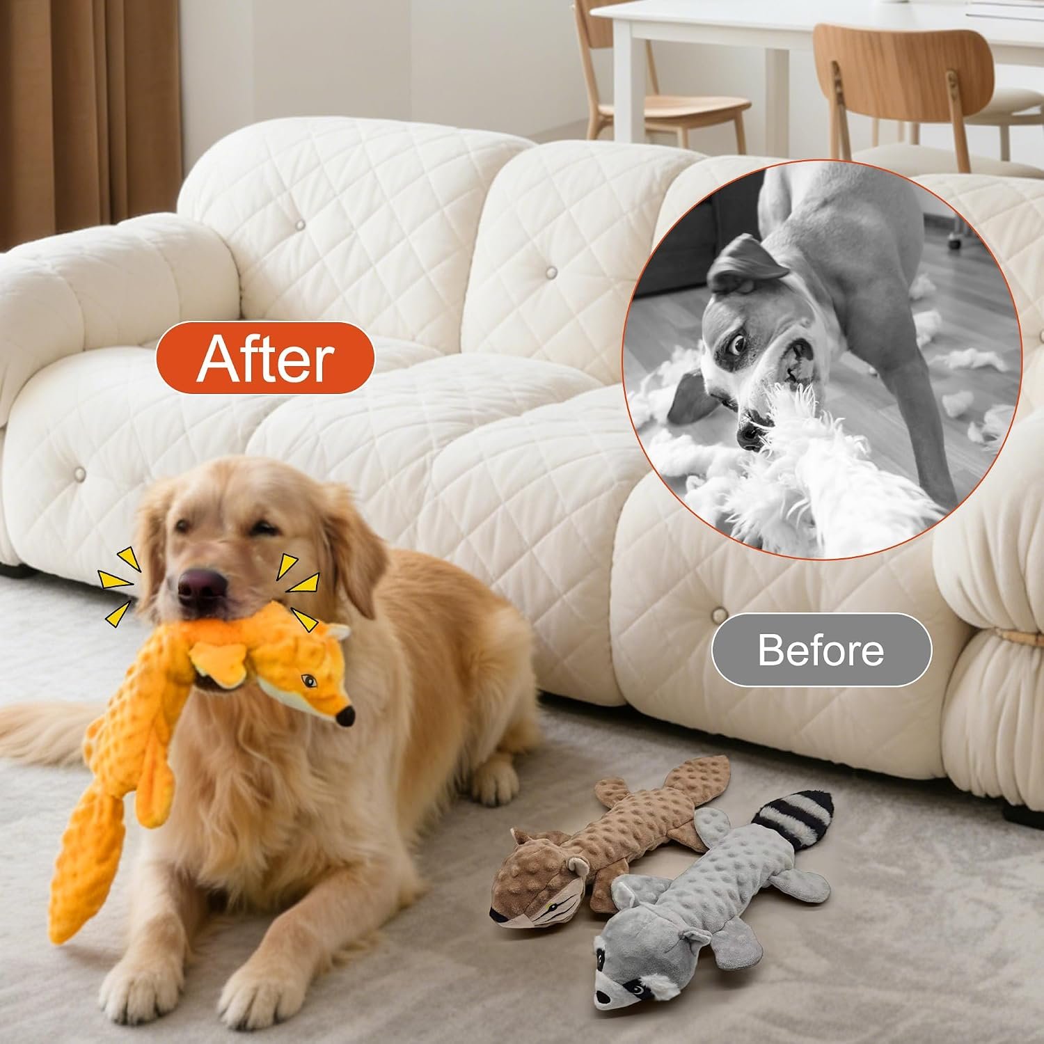 3Pack Squeaky Dog Toys, No Stuffing Plush Dog Toys to Keep Them Busy, Crinkle Chew Toy for Large Medium Small Dogs, Interactive Stuffless Bundle Puppy Teething Toys - Image 7